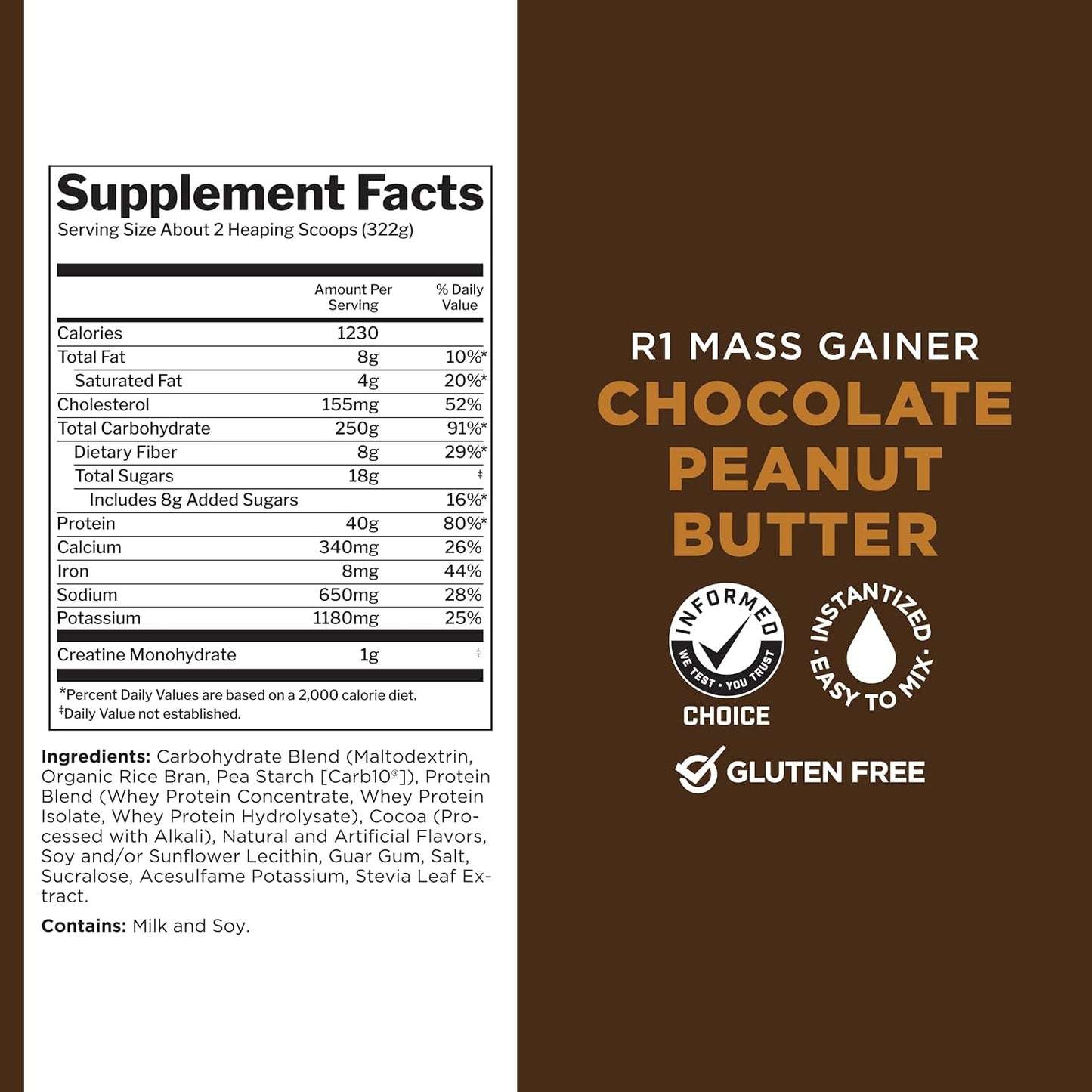 Rule One Proteins Mass Gainer - Chocolate Peanut Butter, High-Calorie Weight Gain Formula with 1,220+ Calories, 250g+ Complex Carb Blend, 40g All-Whey Protein, 8g Fat Per Serving, 12 Pounds, 16 Servings