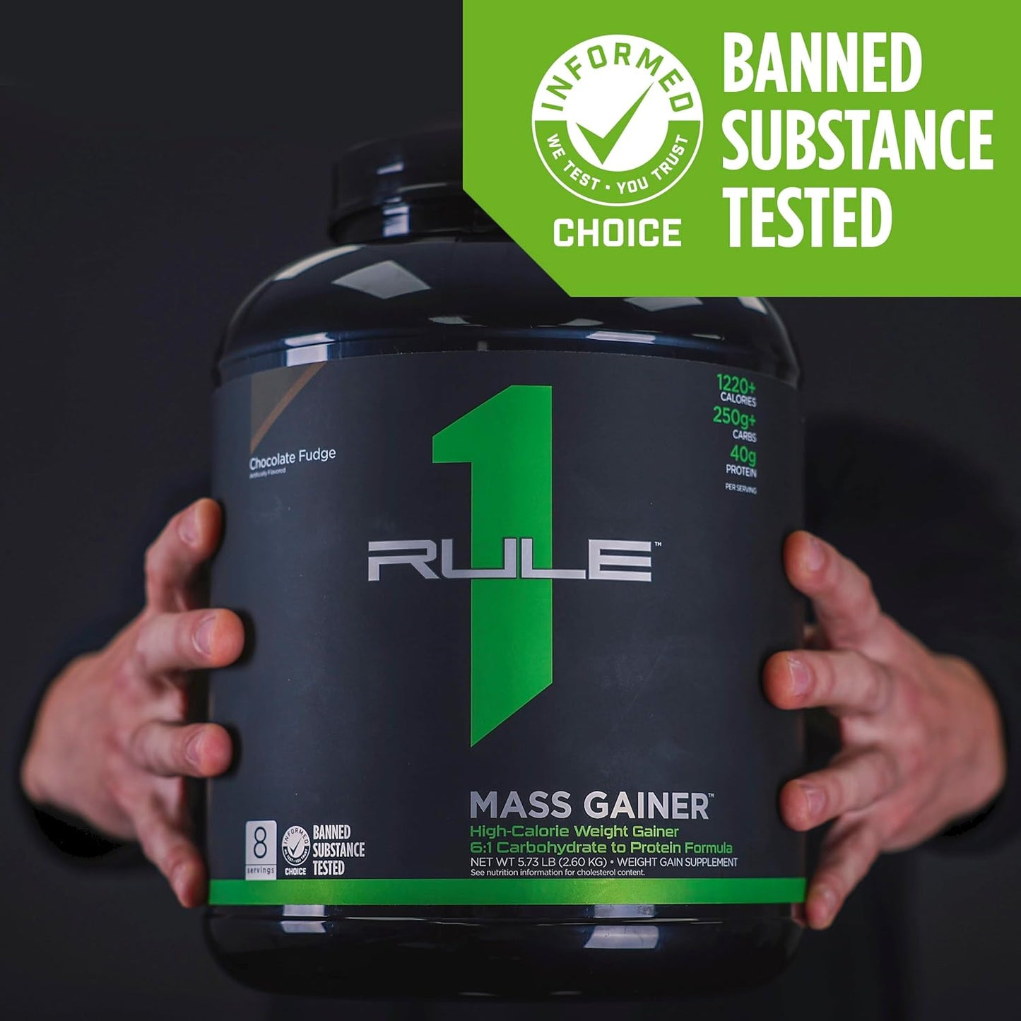 Rule One Proteins Mass Gainer - Chocolate Peanut Butter, High-Calorie Weight Gain Formula with 1,220+ Calories, 250g+ Complex Carb Blend, 40g All-Whey Protein, 8g Fat Per Serving, 12 Pounds, 16 Servings