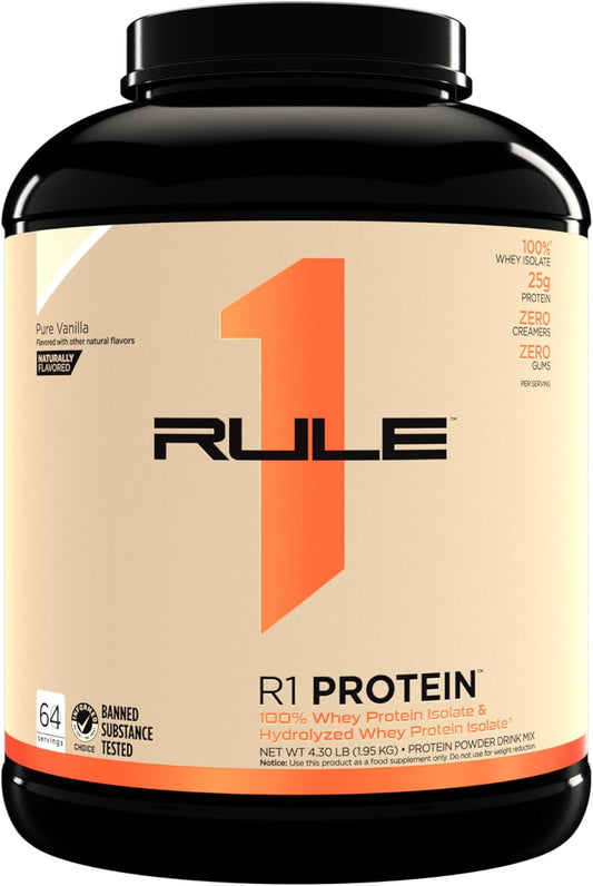 Rule One Proteins Naturally Flavored R1 Protein - Pure Whey Isolate Powder with 25g Protein & 6g BCAAs Per Serving - Natural Vanilla Flavor - 4.3 lbs