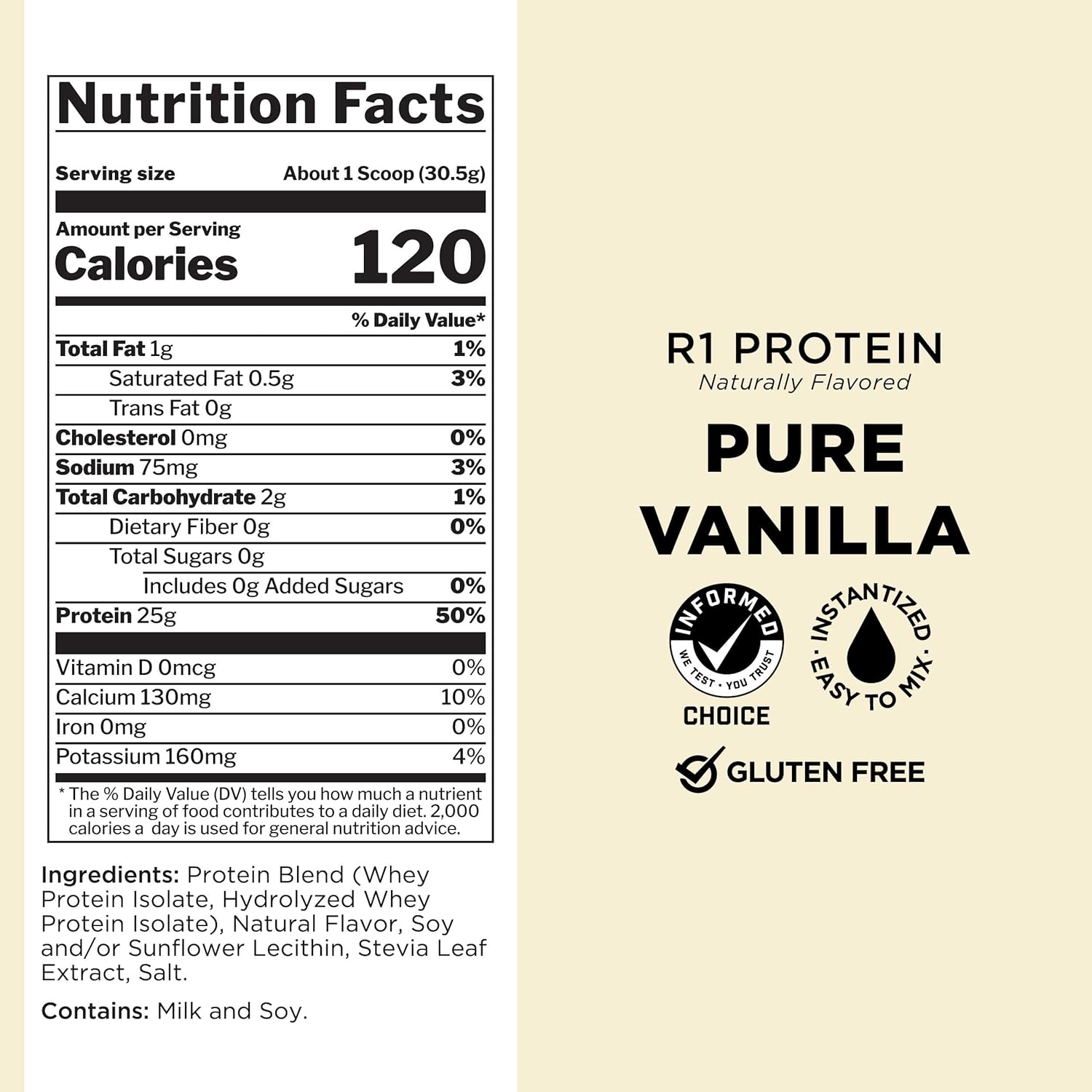 Rule One Proteins Naturally Flavored R1 Protein - Pure Whey Isolate Powder with 25g Protein & 6g BCAAs Per Serving - Natural Vanilla Flavor - 4.3 lbs