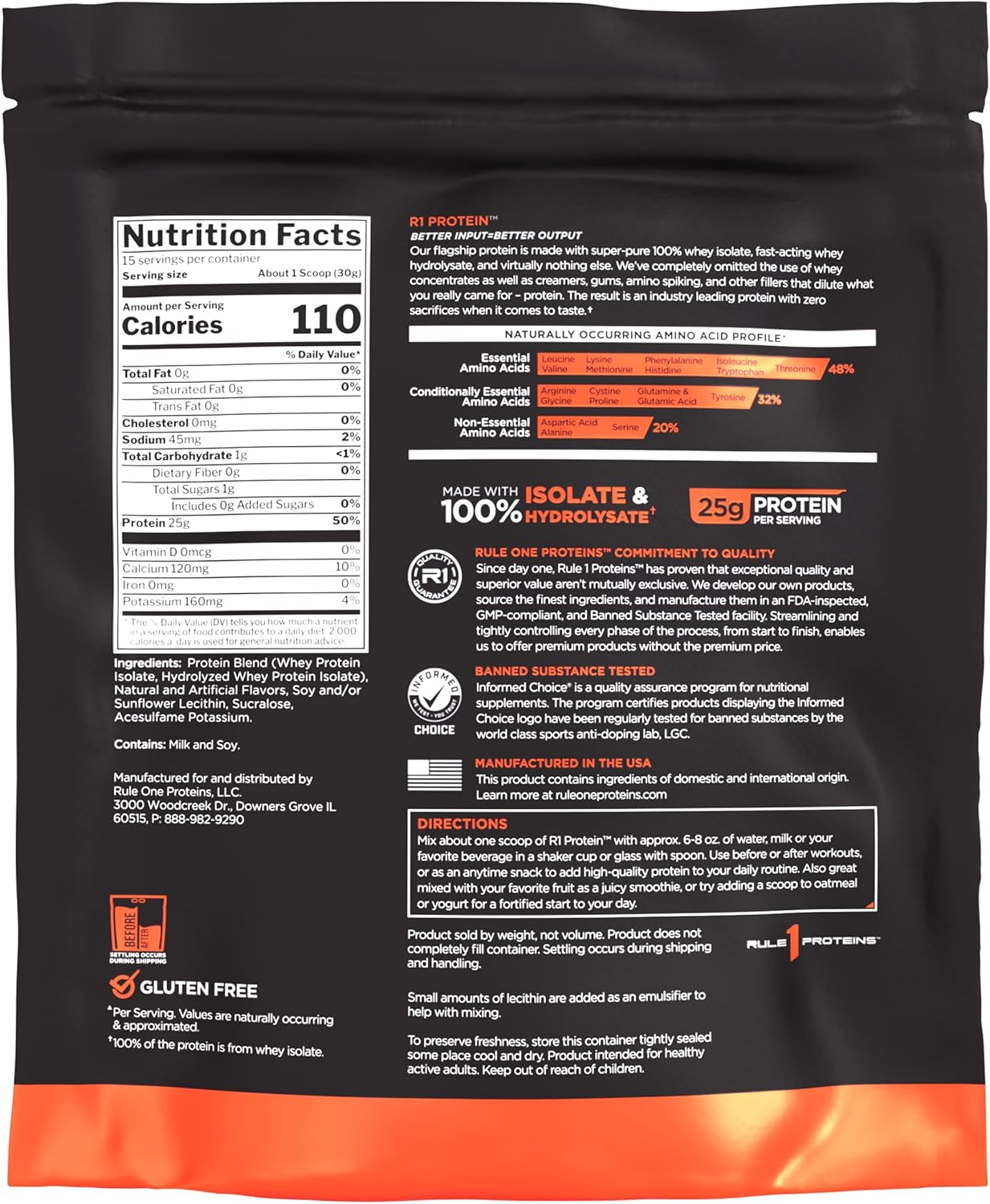 Rule One Proteins R1 Protein - 100% Isolate and Hydrolysate Powder, 25g Protein, 6g BCAAs, Vanilla - 1lb