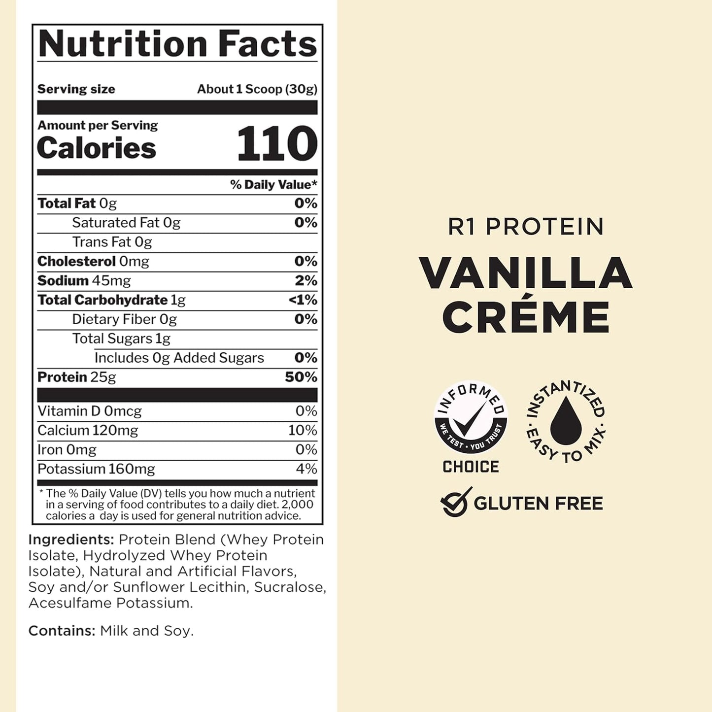 Rule One Proteins R1 Protein - 25g Fast-Acting Isolate & Hydrolysate Powder with 6g BCAAs - 10lb Vanilla Créme