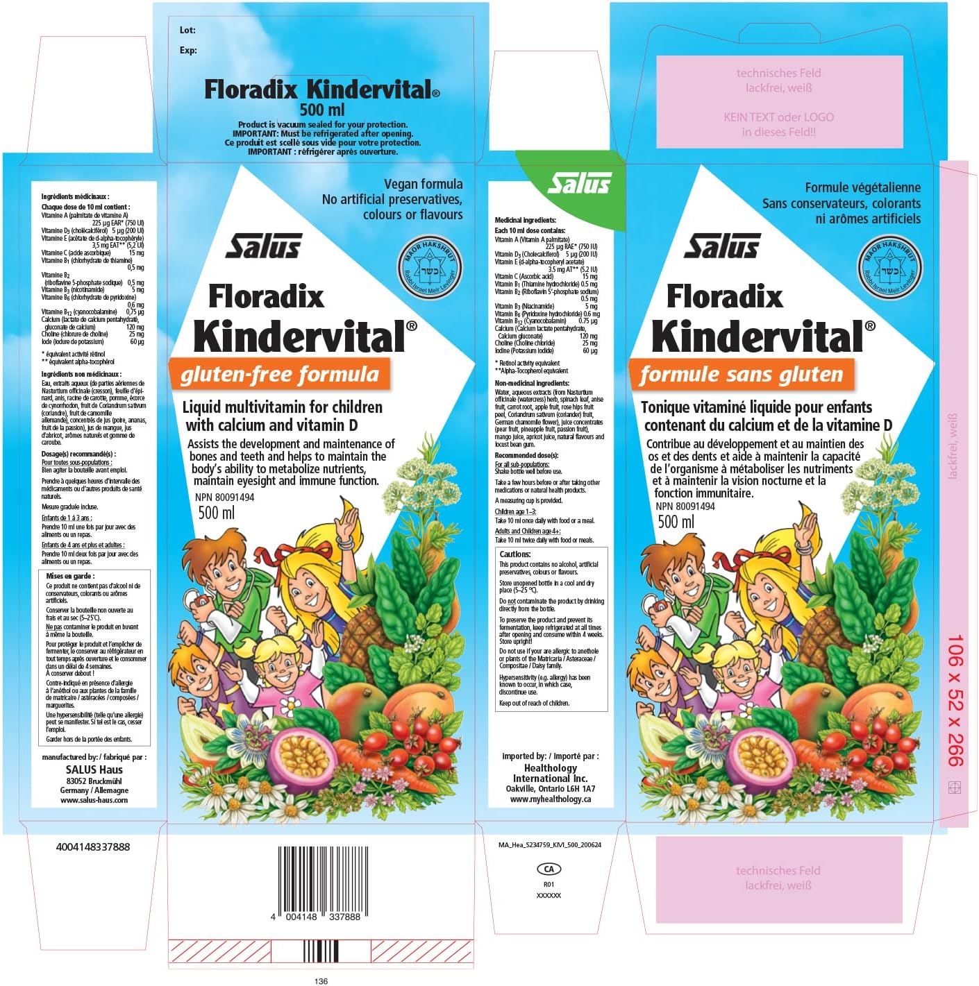 SALUS Children's Kindervital Floradix Multivitamin Liquid Supplement, 500 ML