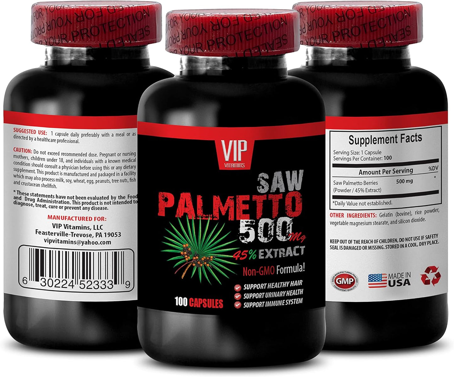 Saw Palmetto Herbal Supplements for Hair Growth - 500MG Extract Capsules for Women - Berries 100 Caps - VIP Saw Palmetto Hair Loss Support