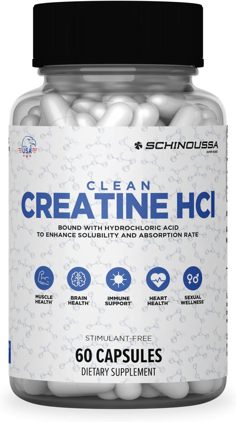 Schinoussa Creatine HCL Capsules 750mg - 60 Count for Muscle, Brain & Heart Health - Stimulant-Free Dietary Supplement