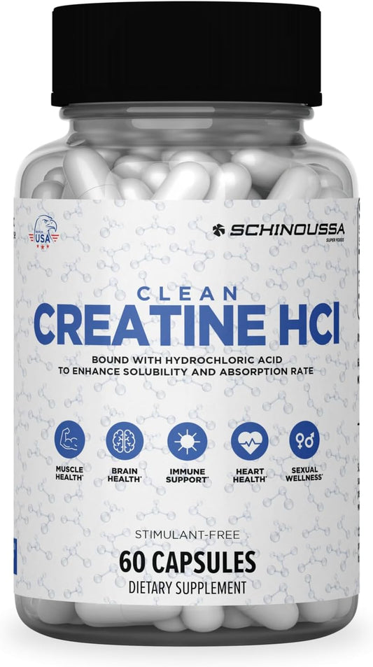 Schinoussa Creatine HCL Capsules 750mg - 60 Count for Muscle, Brain & Heart Health - Stimulant-Free Dietary Supplement