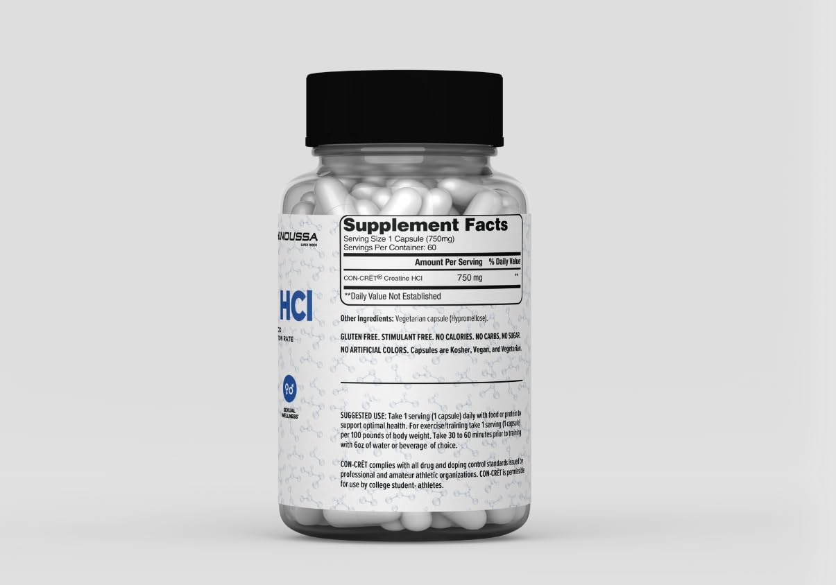 Schinoussa Creatine HCL Capsules 750mg - 60 Count for Muscle, Brain & Heart Health - Stimulant-Free Dietary Supplement