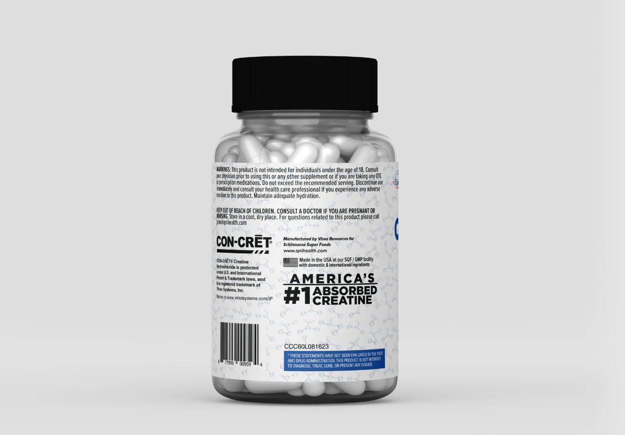 Schinoussa Creatine HCL Capsules 750mg - 60 Count for Muscle, Brain & Heart Health - Stimulant-Free Dietary Supplement