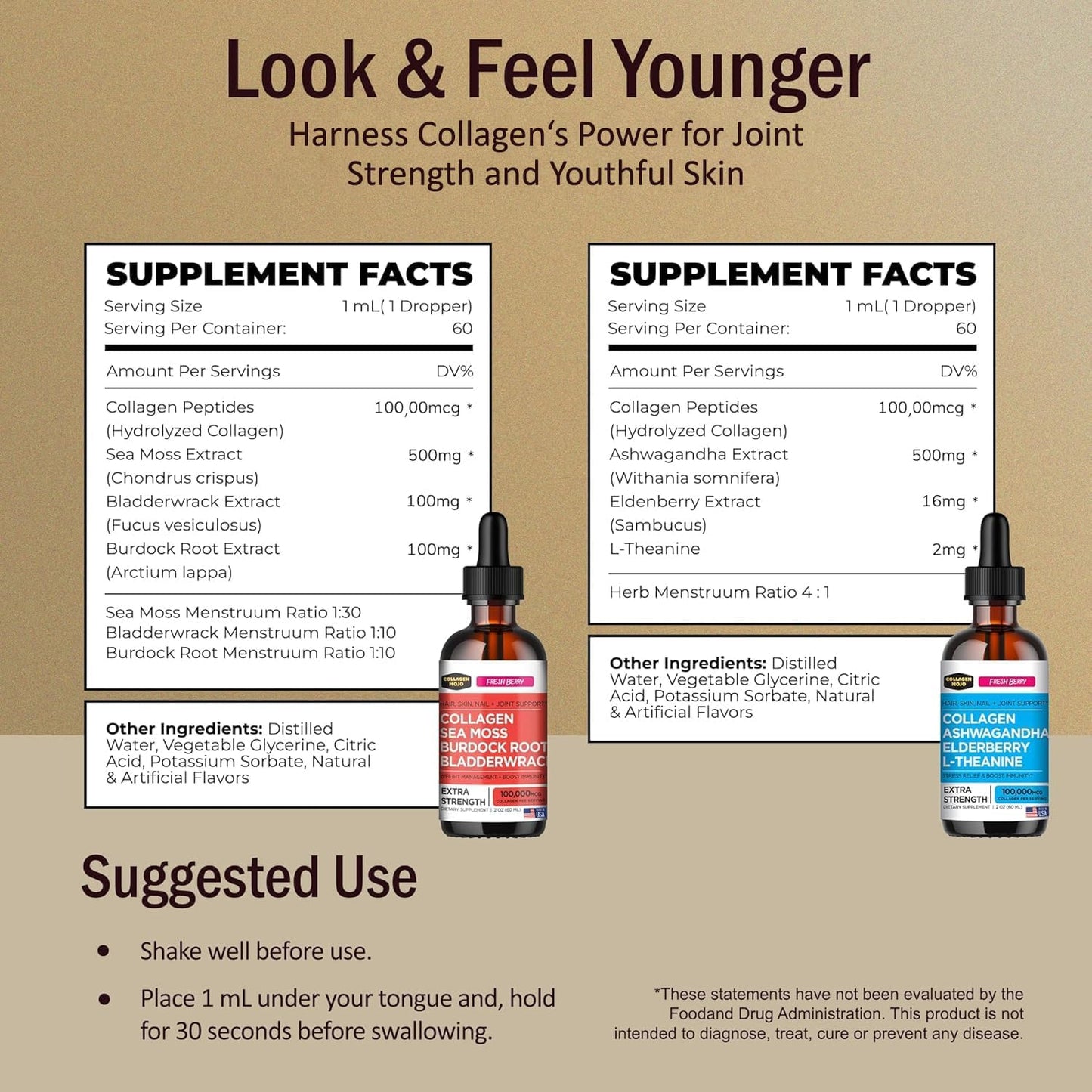Sea Moss, Burdock Root, Bladderwrack Collagen Peptides + Ashwagandha, Elderberry, L-Theanine Liquid Collagen Booster