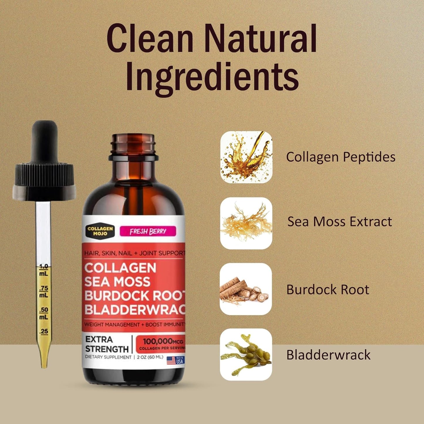 Sea Moss, Burdock Root, Bladderwrack Collagen Peptides + Ashwagandha, Elderberry, L-Theanine Liquid Collagen Booster