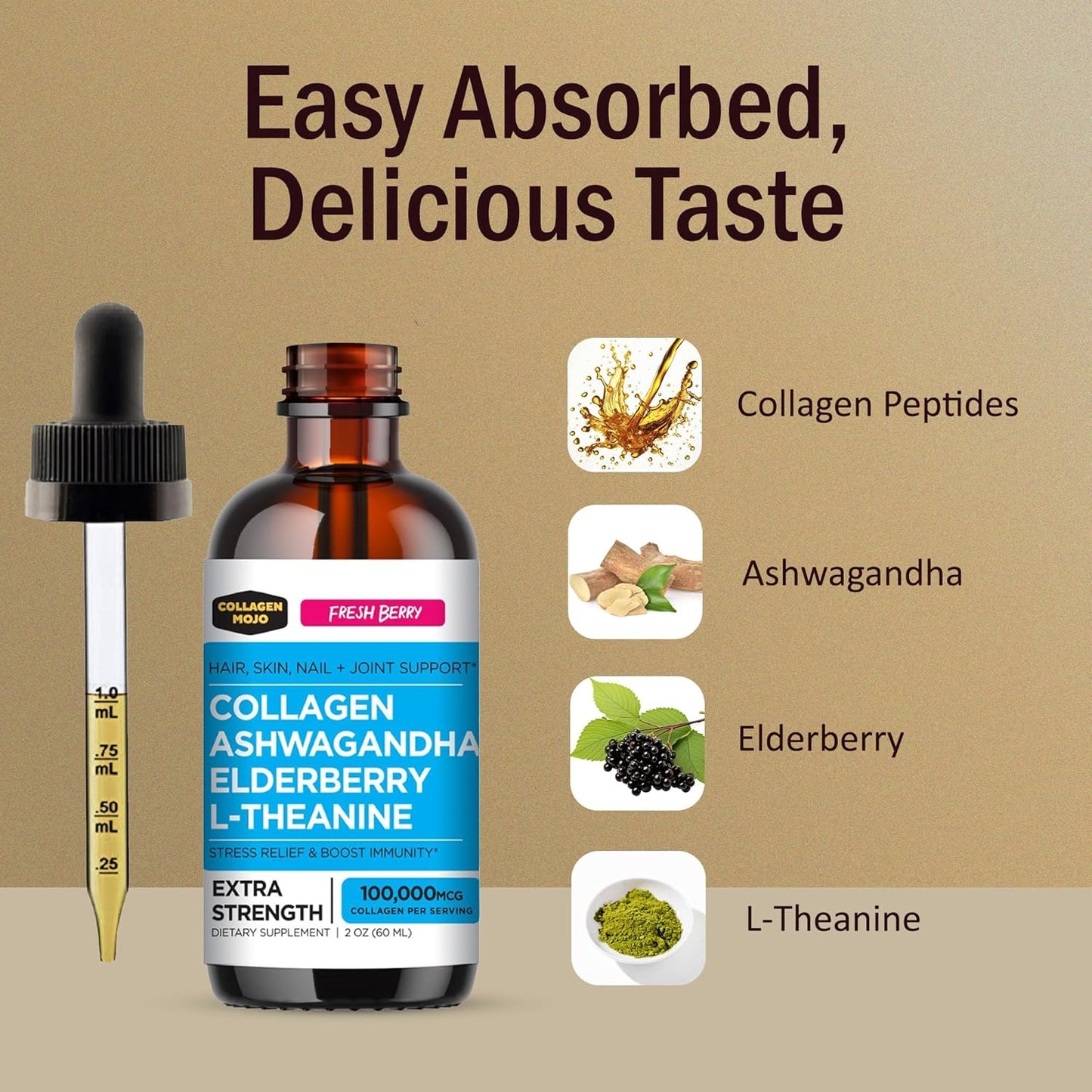Sea Moss, Burdock Root, Bladderwrack Collagen Peptides + Ashwagandha, Elderberry, L-Theanine Liquid Collagen Booster