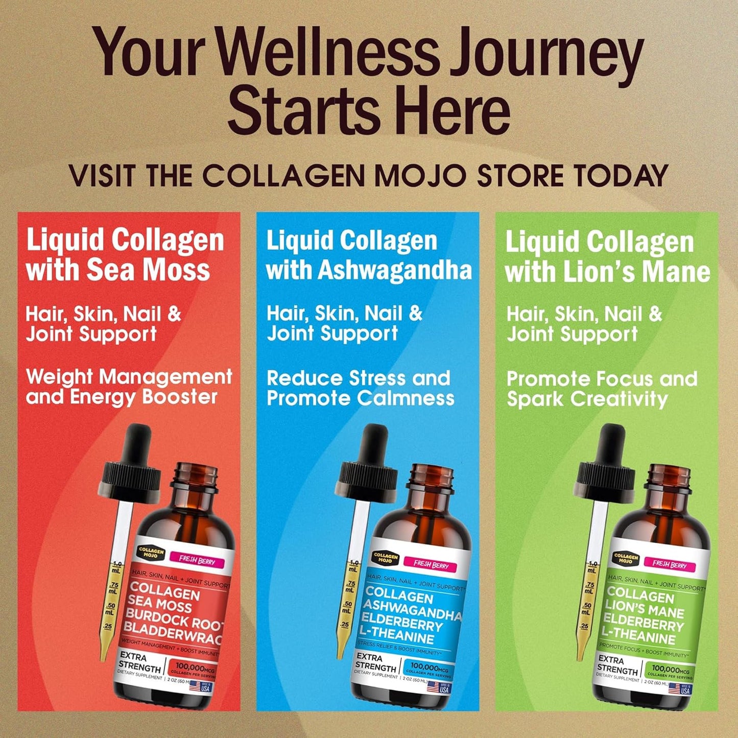 Sea Moss, Burdock Root, Bladderwrack Collagen Peptides + Ashwagandha, Elderberry, L-Theanine Liquid Collagen Booster