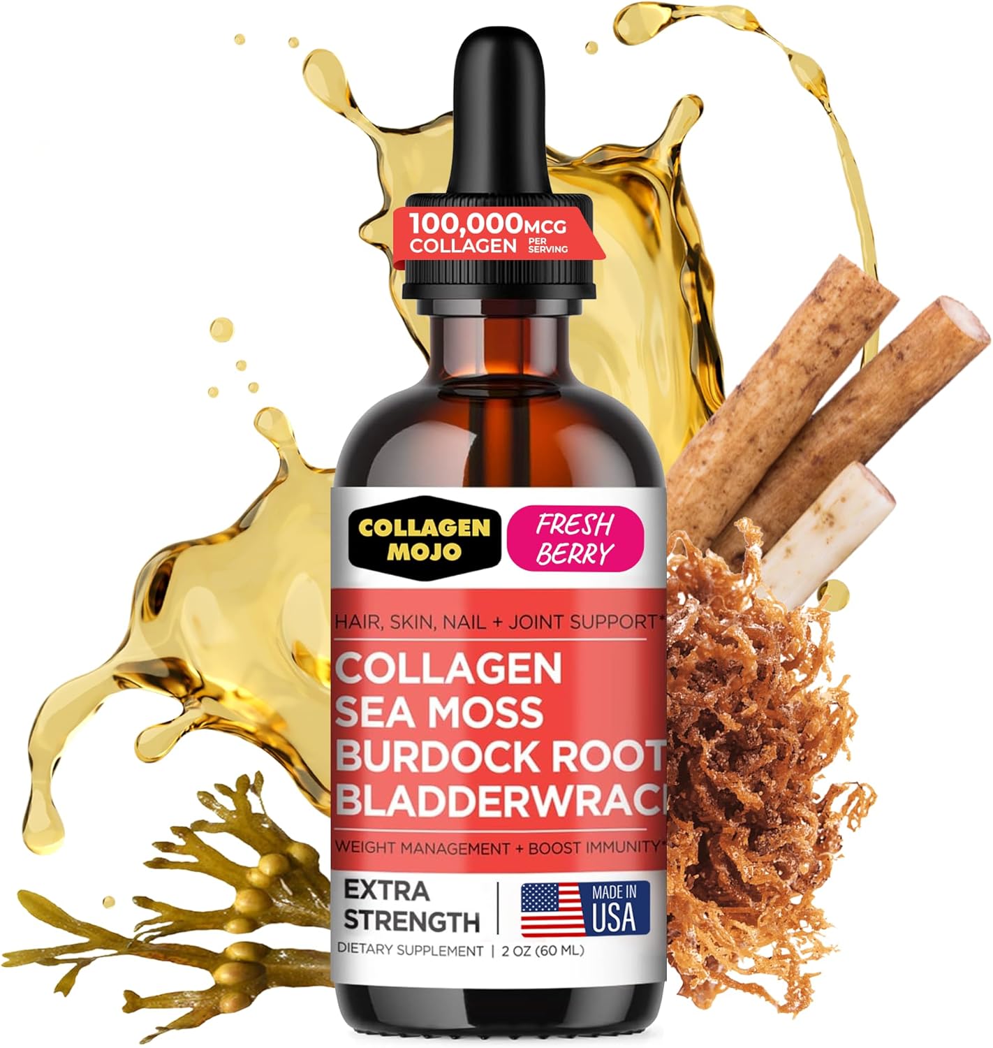 Sea Moss, Burdock Root, Bladderwrack Collagen Peptides + Ashwagandha, Elderberry, L-Theanine Liquid Collagen Booster