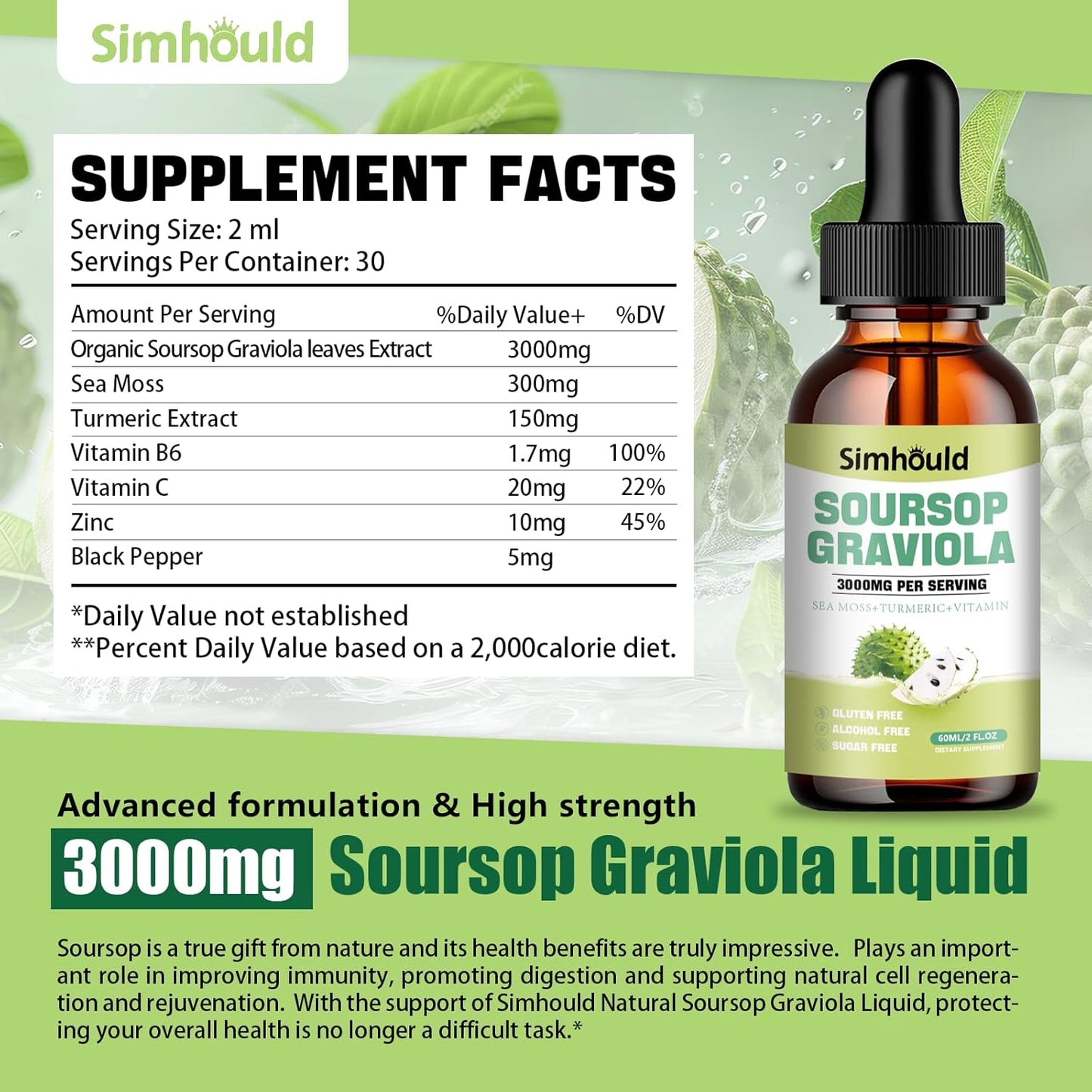 Simhould Soursop Graviola Liquid Drops 3000MG for Cell Support & Regeneration - Immune, Gut, Antioxidant, Mood, Relax, Liver, Sleep - Sea Moss, Turmeric, Vitamin B6, C, Zinc - 2 Fl Oz