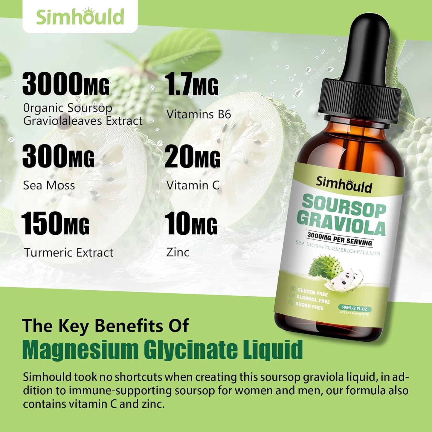 Simhould Soursop Graviola Liquid Drops 3000MG for Cell Support & Regeneration - Immune, Gut, Antioxidant, Mood, Relax, Liver, Sleep - Sea Moss, Turmeric, Vitamin B6, C, Zinc - 2 Fl Oz