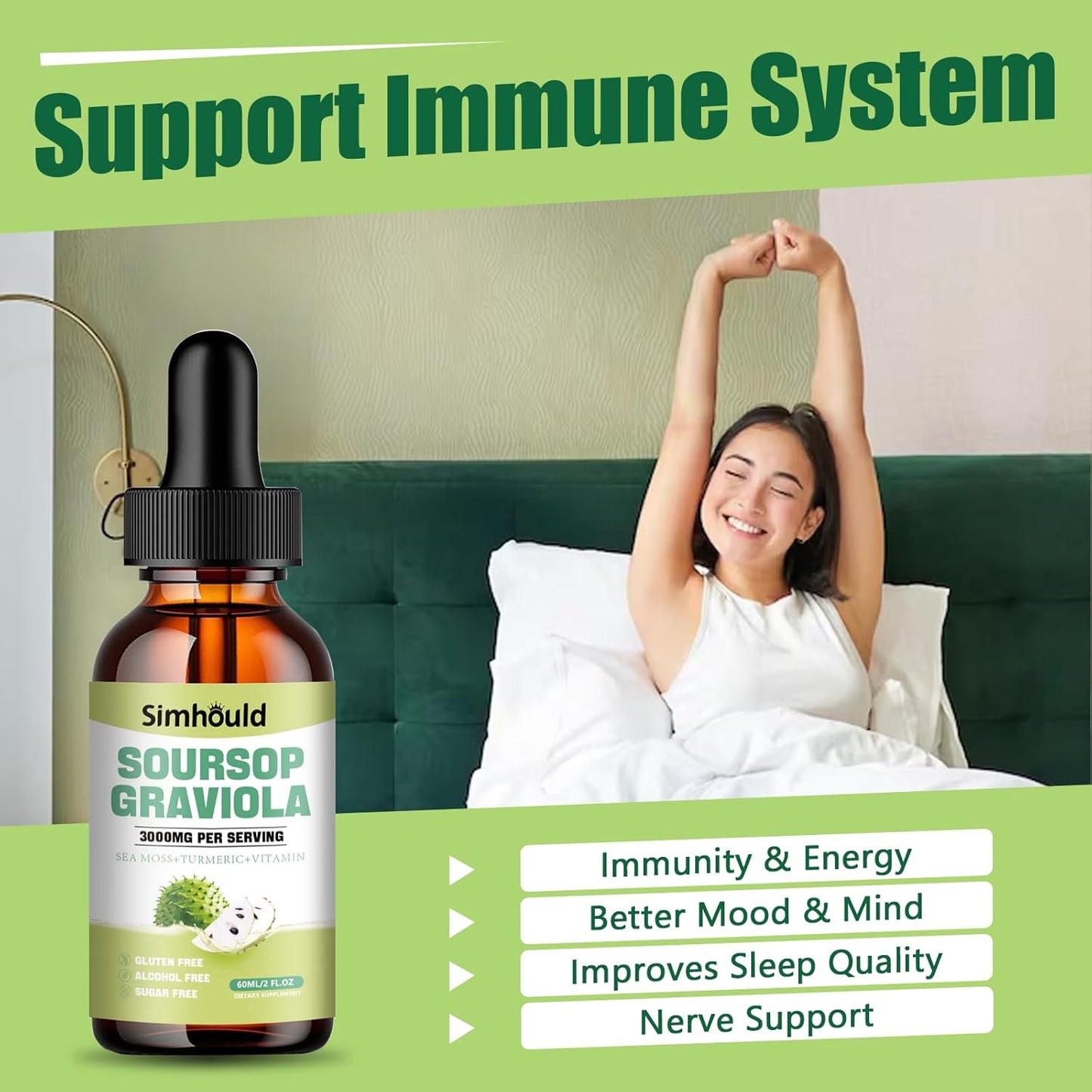 Simhould Soursop Graviola Liquid Drops 3000MG for Cell Support & Regeneration - Immune, Gut, Antioxidant, Mood, Relax, Liver, Sleep - Sea Moss, Turmeric, Vitamin B6, C, Zinc - 2 Fl Oz