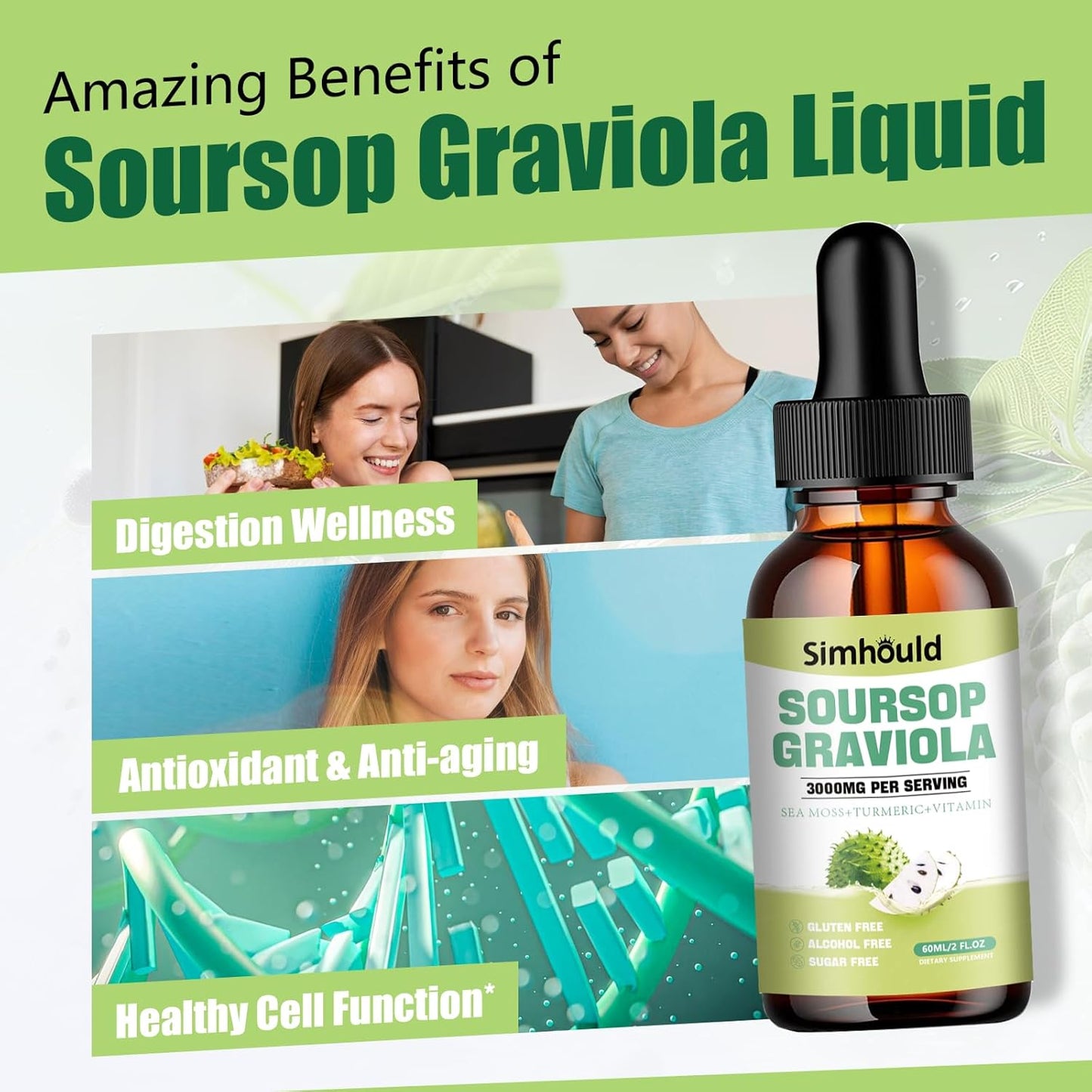 Simhould Soursop Graviola Liquid Drops 3000MG for Cell Support & Regeneration - Immune, Gut, Antioxidant, Mood, Relax, Liver, Sleep - Sea Moss, Turmeric, Vitamin B6, C, Zinc - 2 Fl Oz