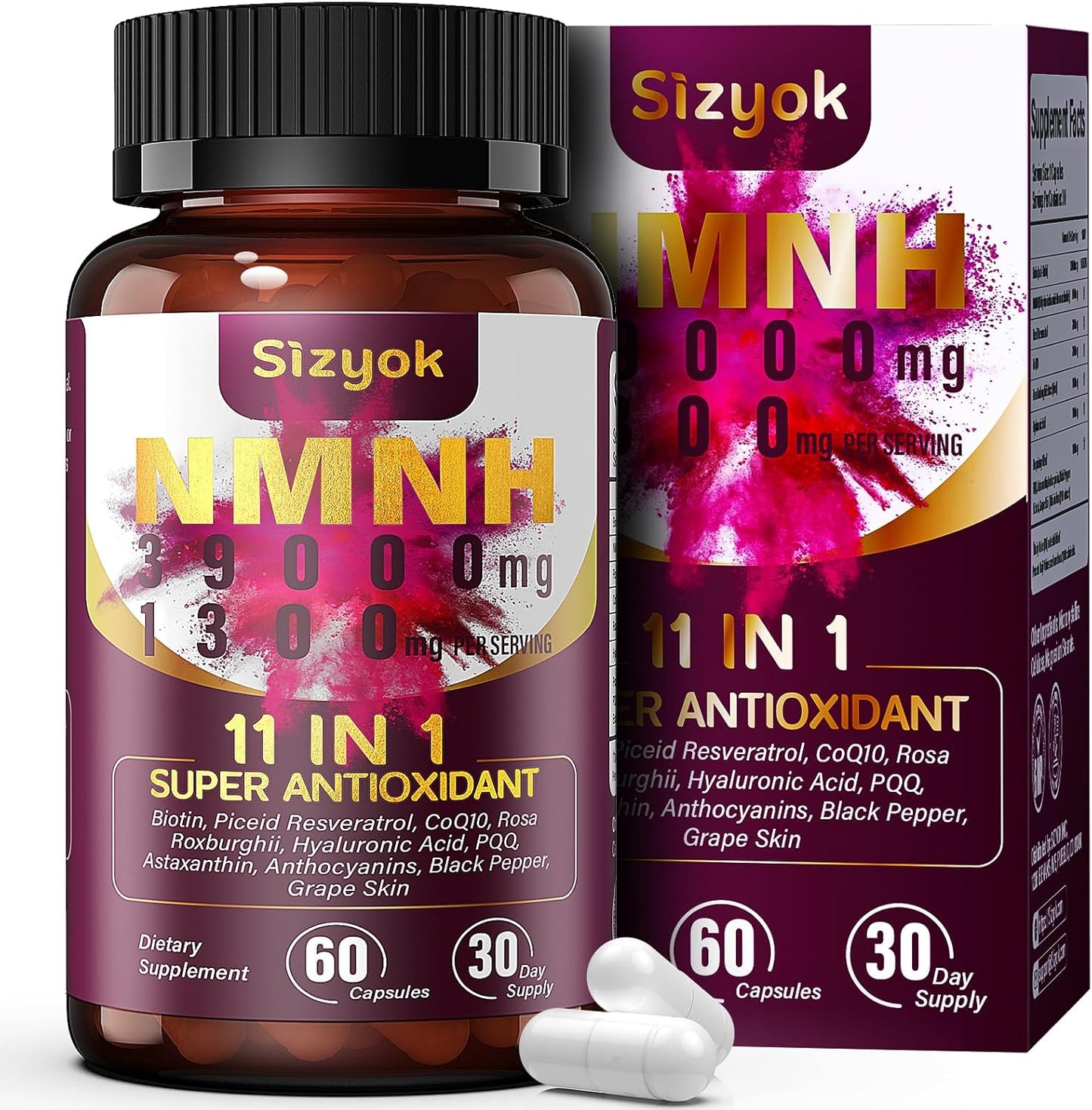 Sizyok 11-in-1 NMNH NAD+ Supplement with Resveratrol & CoQ10 - 600mg, Anti-Aging Support - 60 Count
