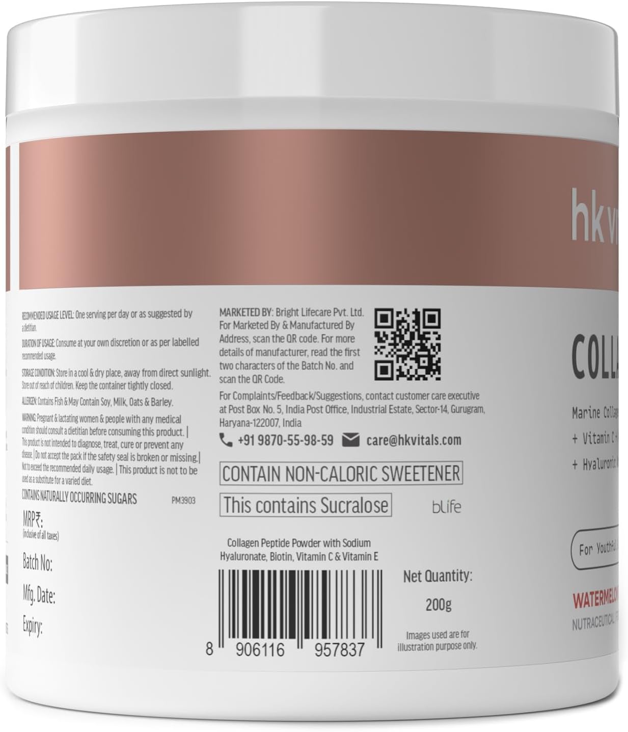 Skin Radiance Marine Collagen Supplement with Watermelon Flavor - 200g, Infused with Vitamin C, E, and Sodium Hyaluronate for Healthy Skin, Hair, and Nails