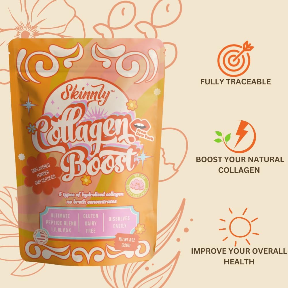 SKINNLY Multi Collagen Powder Protein: Hydrolyzed Peptides for Skin, Hair, Nails & Gut Health - Grass-Fed, Gluten-Free - 8oz