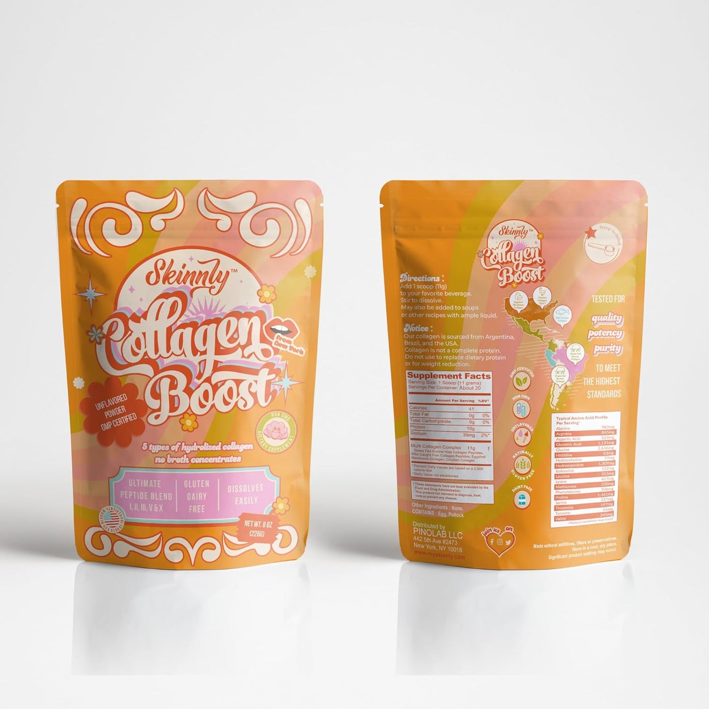 SKINNLY Multi Collagen Powder Protein: Hydrolyzed Peptides for Skin, Hair, Nails & Gut Health - Grass-Fed, Gluten-Free - 8oz