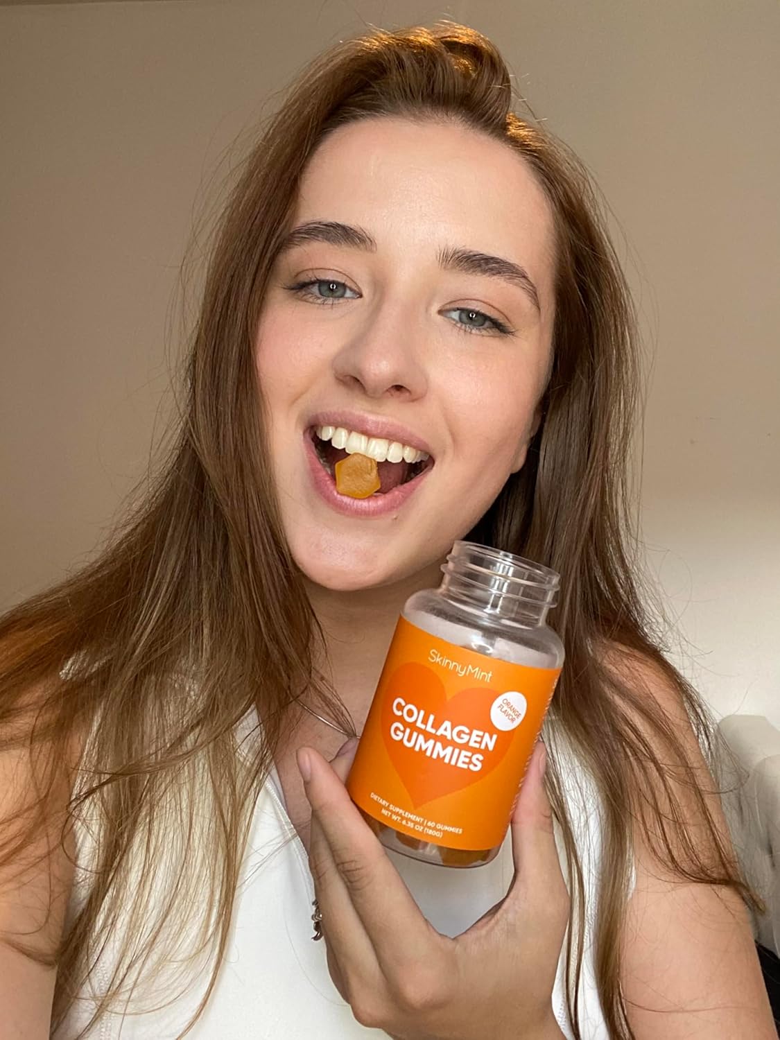 SkinnyMint Collagen Gummies: Natural Orange Flavor, Gluten-Free Hair, Skin & Nails Support - 60 Count (1 Month Supply)