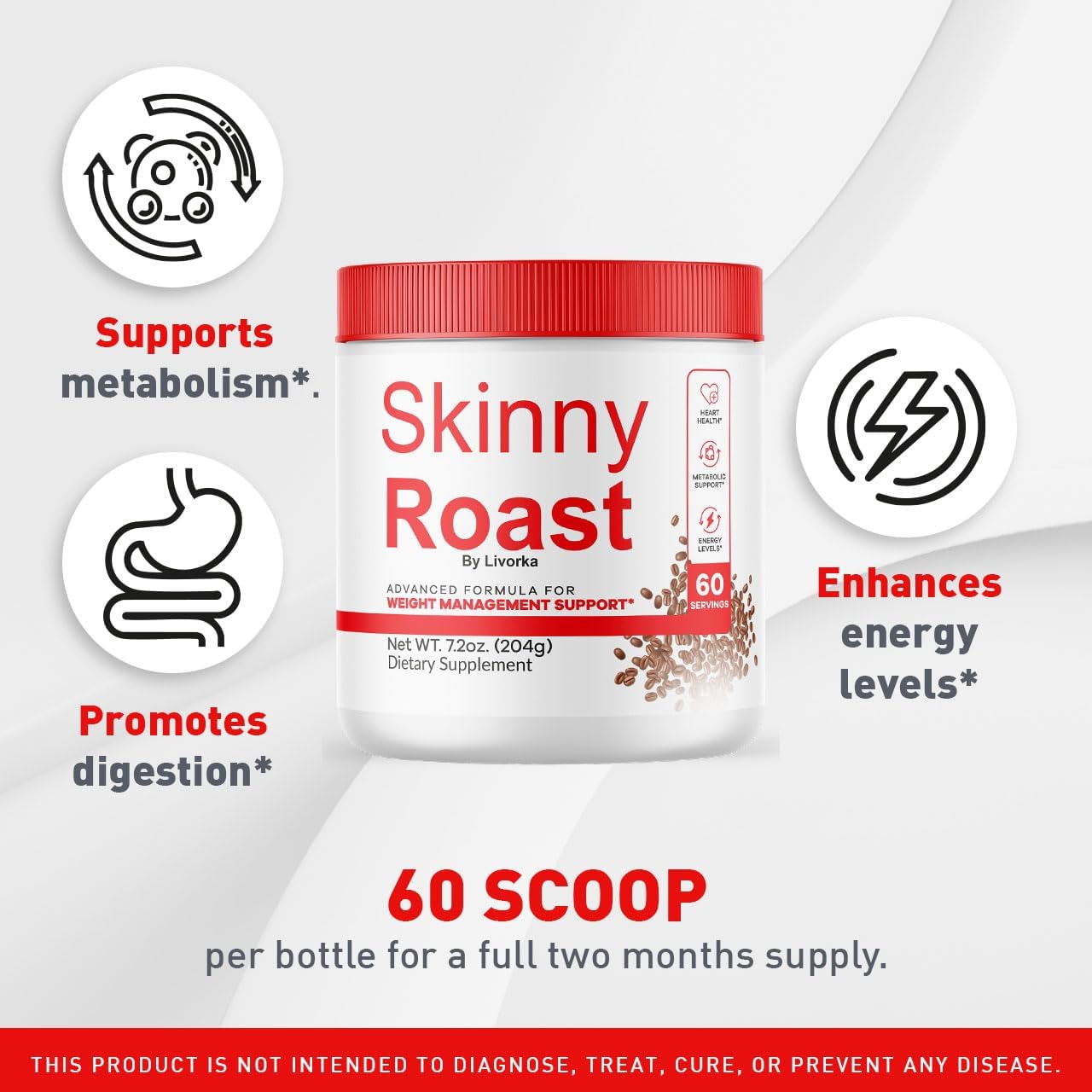 SkinnyRoast Organic Powder - Premium Formula for Healthy Living, 60 Servings