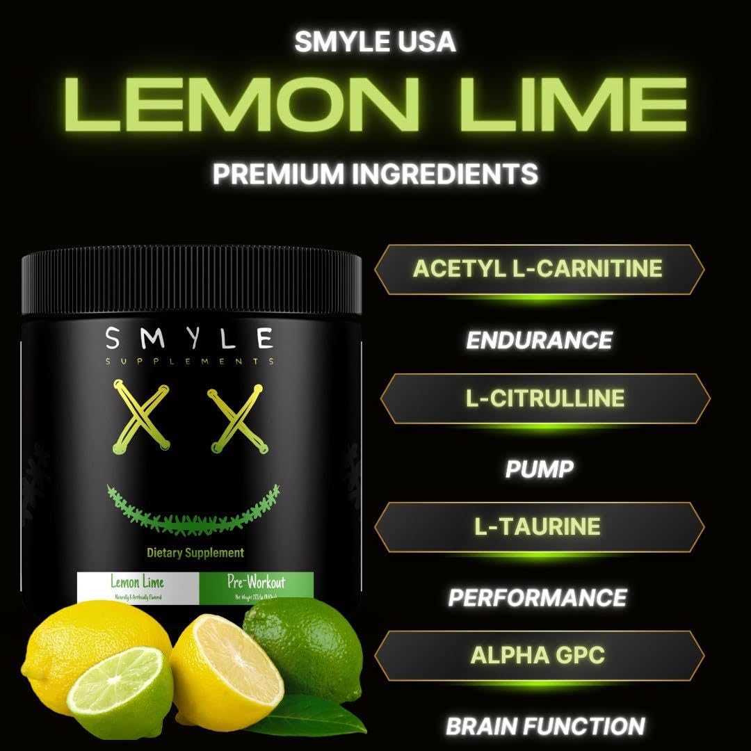 Smyle USA Lemon Lime Pre-Workout Powder - Energy Booster with Alpha GPC, Caffeine, Beta-Alanine | 30 Servings