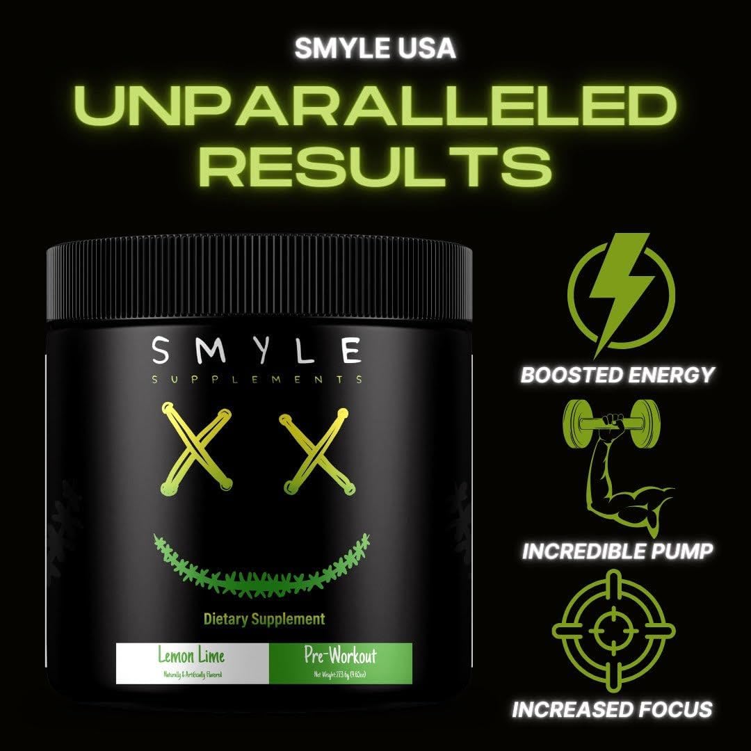 Smyle USA Lemon Lime Pre-Workout Powder - Energy Booster with Alpha GPC, Caffeine, Beta-Alanine | 30 Servings