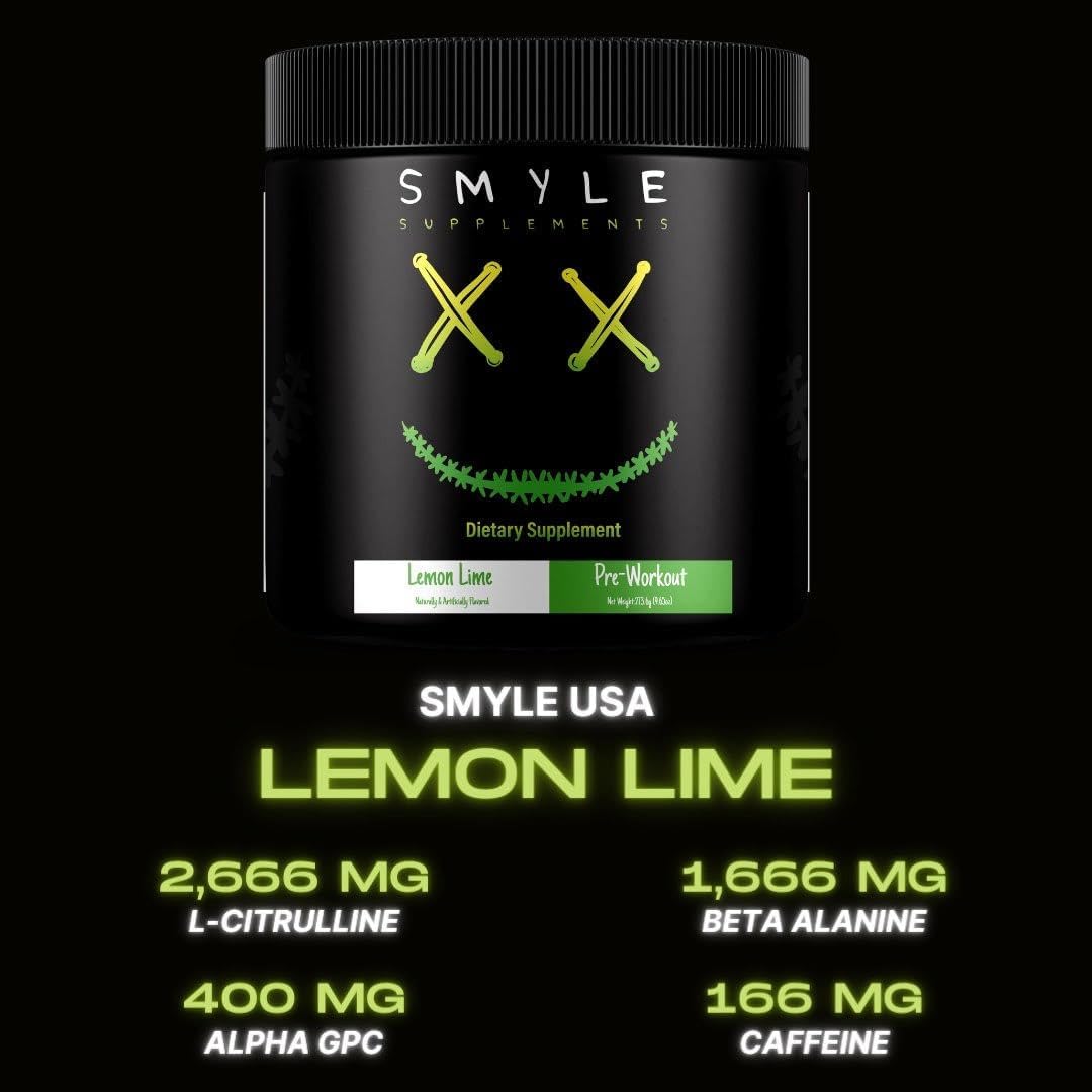 Smyle USA Lemon Lime Pre-Workout Powder - Energy Booster with Alpha GPC, Caffeine, Beta-Alanine | 30 Servings