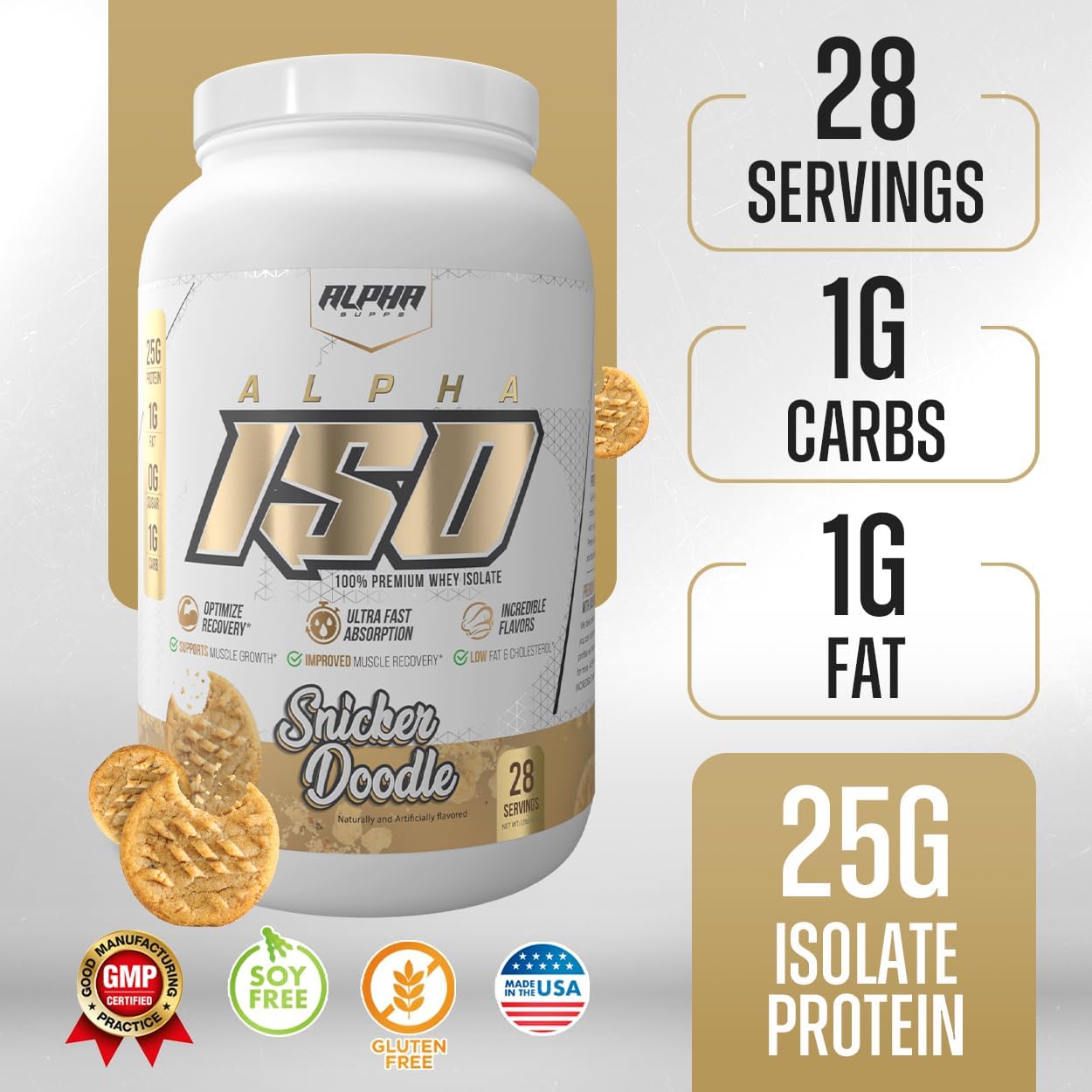 Snicker Doodle Whey Protein Isolate Powder - 100% Low Carb, 25g Protein, Muscle Growth Support - Gluten Free, Low Sugar - 2 lb