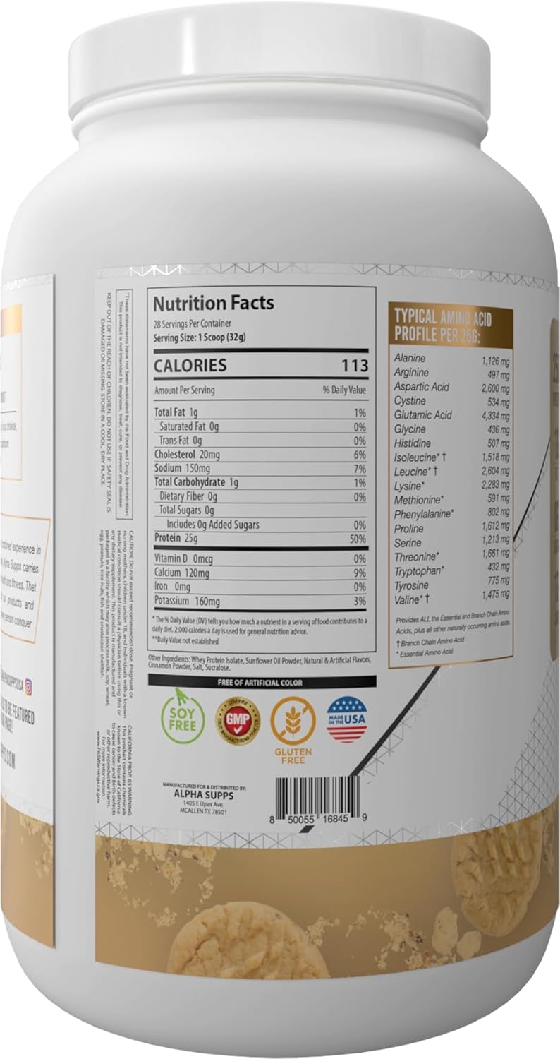 Snicker Doodle Whey Protein Isolate Powder - 100% Low Carb, 25g Protein, Muscle Growth Support - Gluten Free, Low Sugar - 2 lb