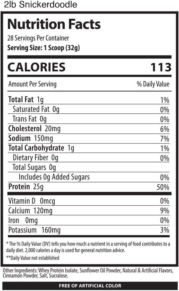 Snicker Doodle Whey Protein Isolate Powder - 100% Low Carb, 25g Protein, Muscle Growth Support - Gluten Free, Low Sugar - 2 lb