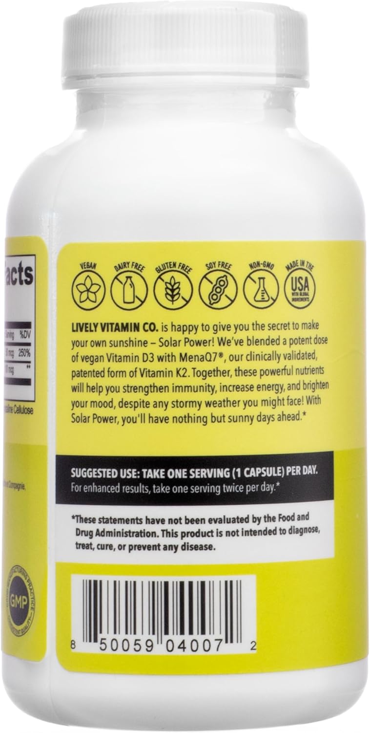 Solar Power Vitamin D3 Supplement with Patented Vitamin K - MK7 for Immune Balance, Brain Function, Heart Health, and Stress Relief - 60 Count