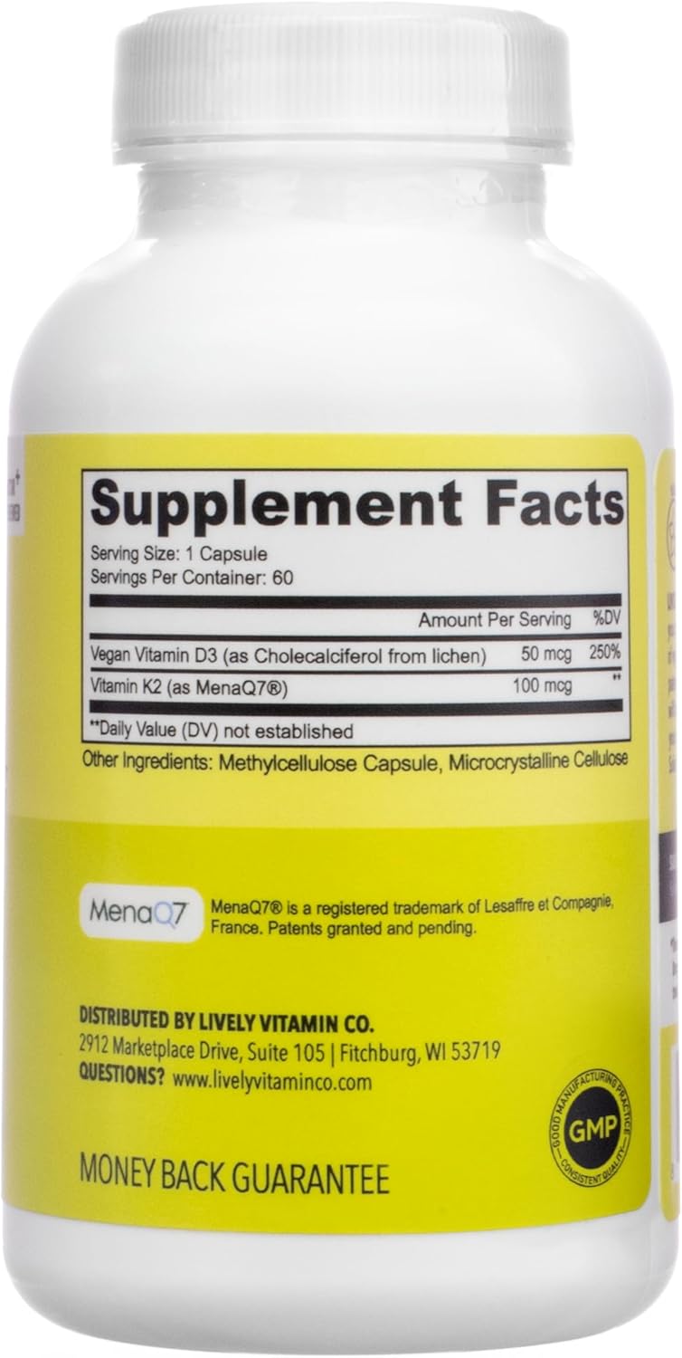 Solar Power Vitamin D3 Supplement with Patented Vitamin K - MK7 for Immune Balance, Brain Function, Heart Health, and Stress Relief - 60 Count