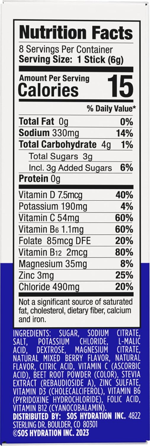 SOS Hydration Electrolyte Powder Packets, Mixed Berry Flavor, 8 Sticks - Low-Cal, Fast Rehydration, USA Made, Keto & Vegan Friendly