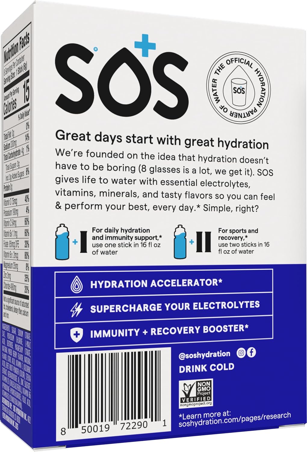 SOS Hydration Electrolyte Powder Packets, Mixed Berry Flavor, 8 Sticks - Low-Cal, Fast Rehydration, USA Made, Keto & Vegan Friendly