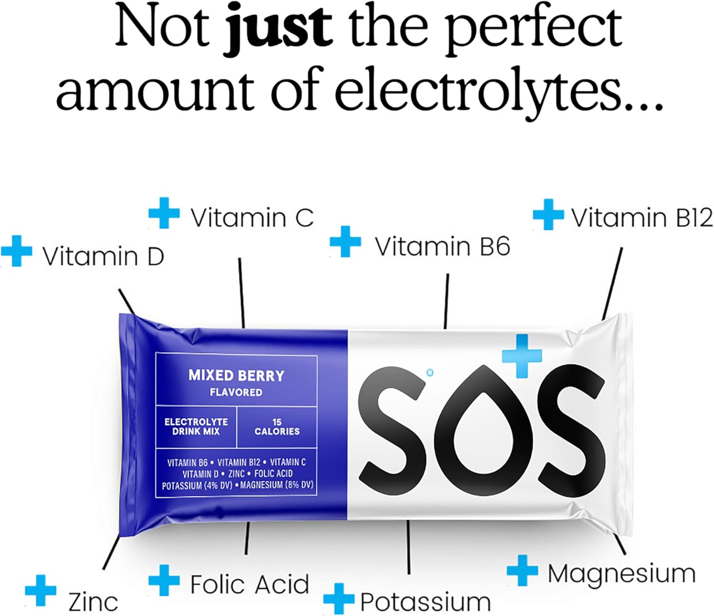 SOS Hydration Electrolyte Powder Packets, Mixed Berry Flavor, 8 Sticks - Low-Cal, Fast Rehydration, USA Made, Keto & Vegan Friendly