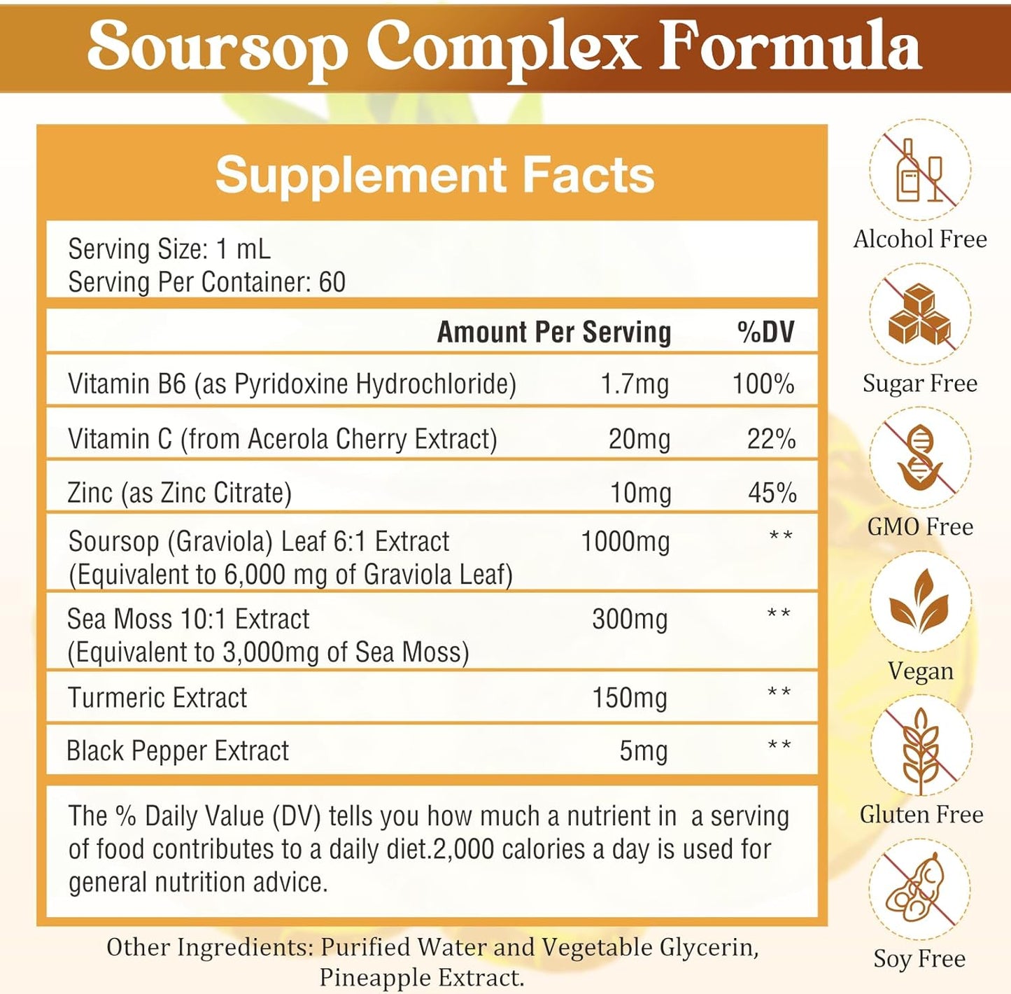 Soursop Bitters Liquid with Sea Moss, Turmeric, and Vitamins for Immune and Digestive Support - 2 fl oz Pineapple Flavor