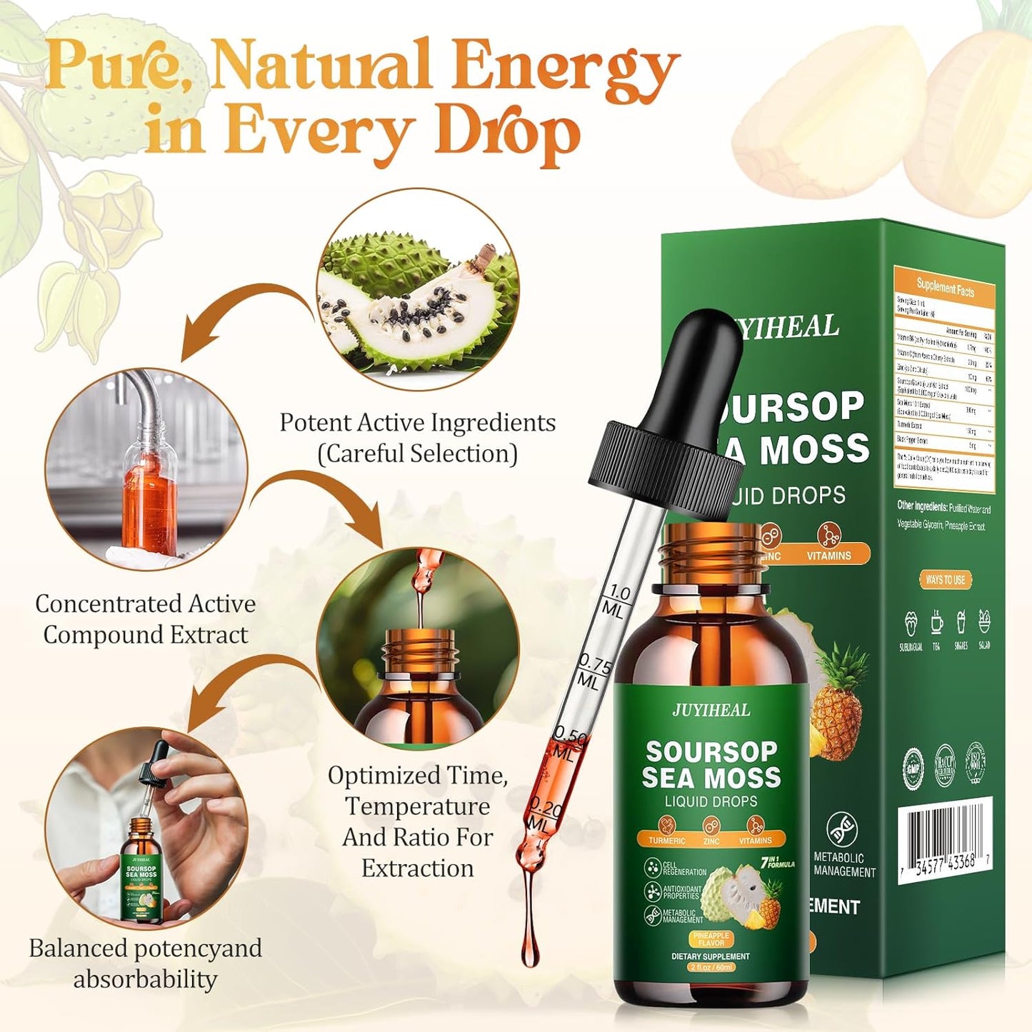 Soursop Bitters Liquid with Sea Moss, Turmeric, and Vitamins for Immune and Digestive Support - 2 fl oz Pineapple Flavor