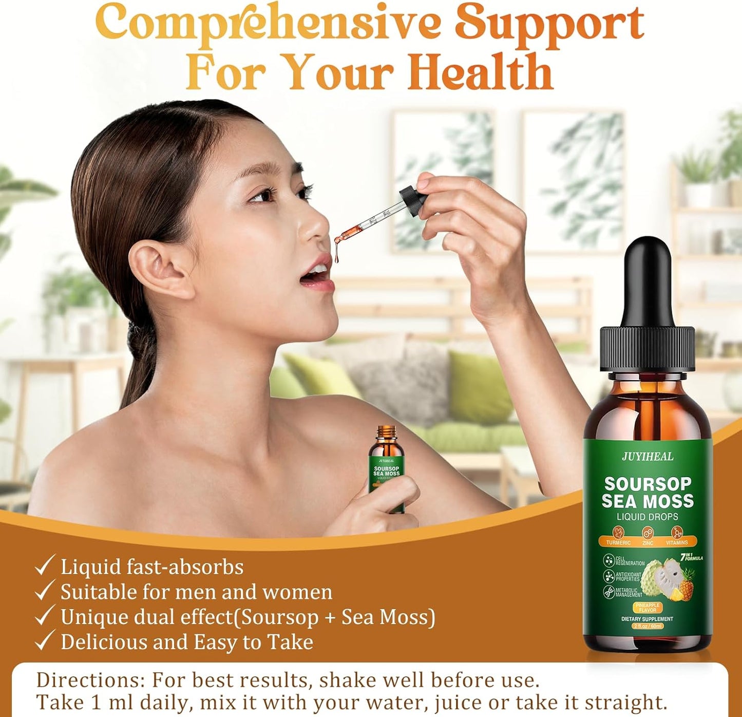 Soursop Bitters Liquid with Sea Moss, Turmeric, and Vitamins for Immune and Digestive Support - 2 fl oz Pineapple Flavor