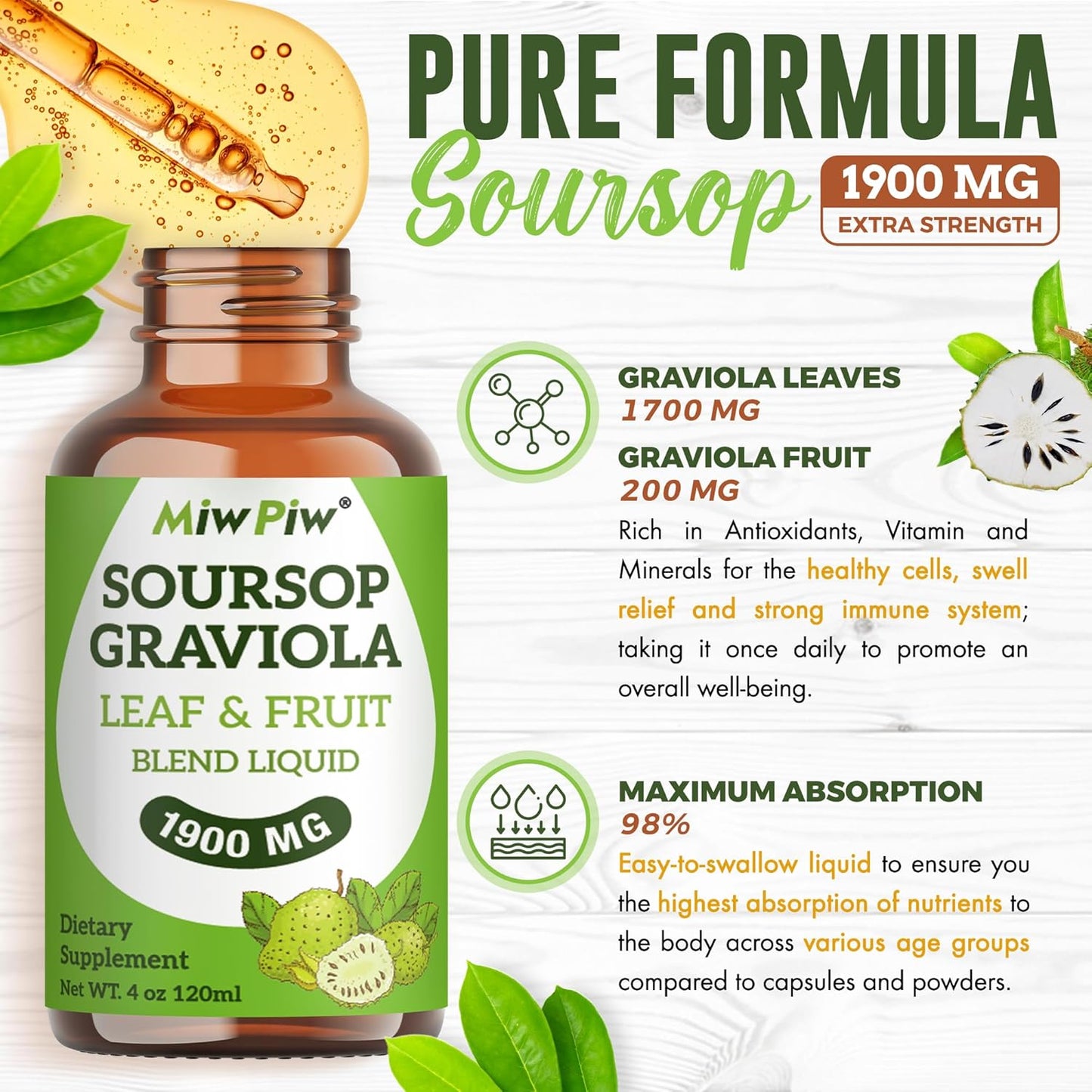 Soursop Graviola Liquid Drops 1900MG - Immune Support, Sleep Aid, Sugar-Free & Natural Flavor - High Absorption 98% - Bitter Leaf Extract