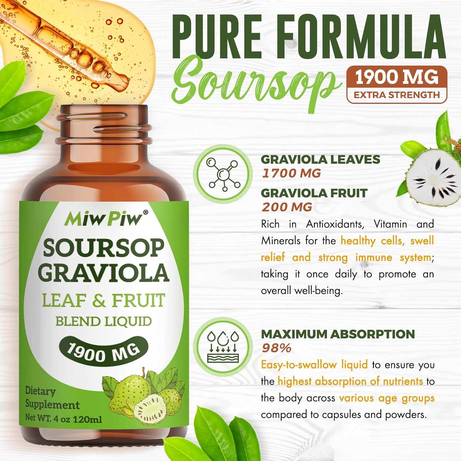 Soursop Graviola Liquid Drops 1900MG - Immune Support, Sleep Aid, Sugar-Free & Natural Flavor - High Absorption 98% - Bitter Leaf Extract