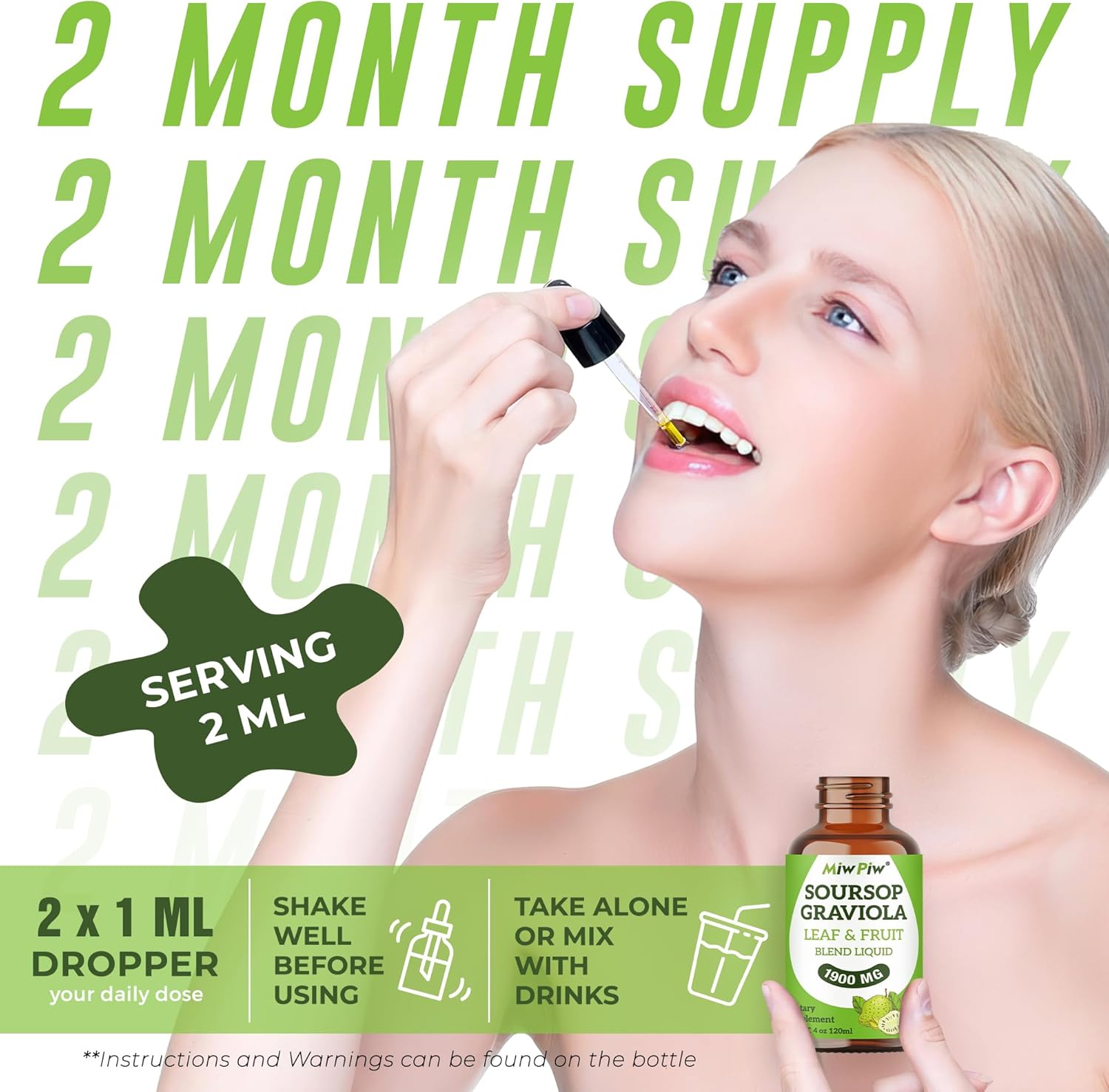 Soursop Graviola Liquid Drops 1900MG - Immune Support, Sleep Aid, Sugar-Free & Natural Flavor - High Absorption 98% - Bitter Leaf Extract