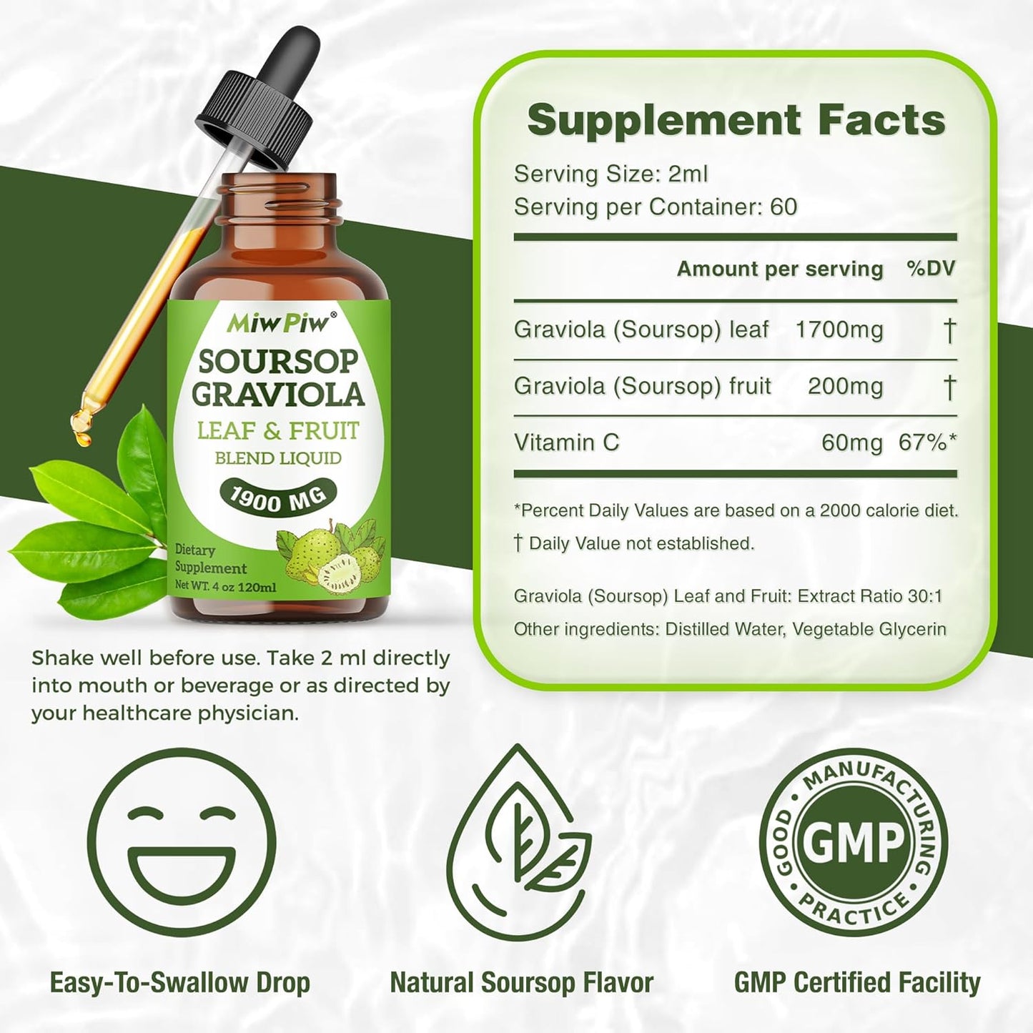 Soursop Graviola Liquid Drops 1900MG - Immune Support, Sleep Aid, Sugar-Free & Natural Flavor - High Absorption 98% - Bitter Leaf Extract