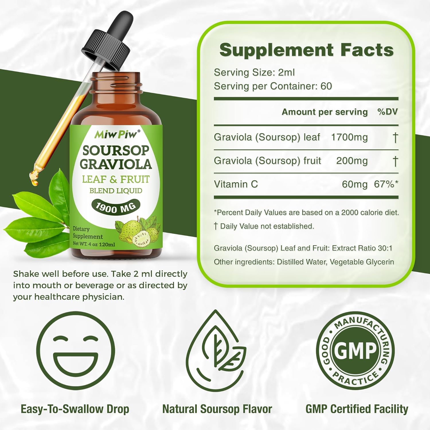 Soursop Graviola Liquid Drops 1900MG - Immune Support, Sleep Aid, Sugar-Free & Natural Flavor - High Absorption 98% - Bitter Leaf Extract