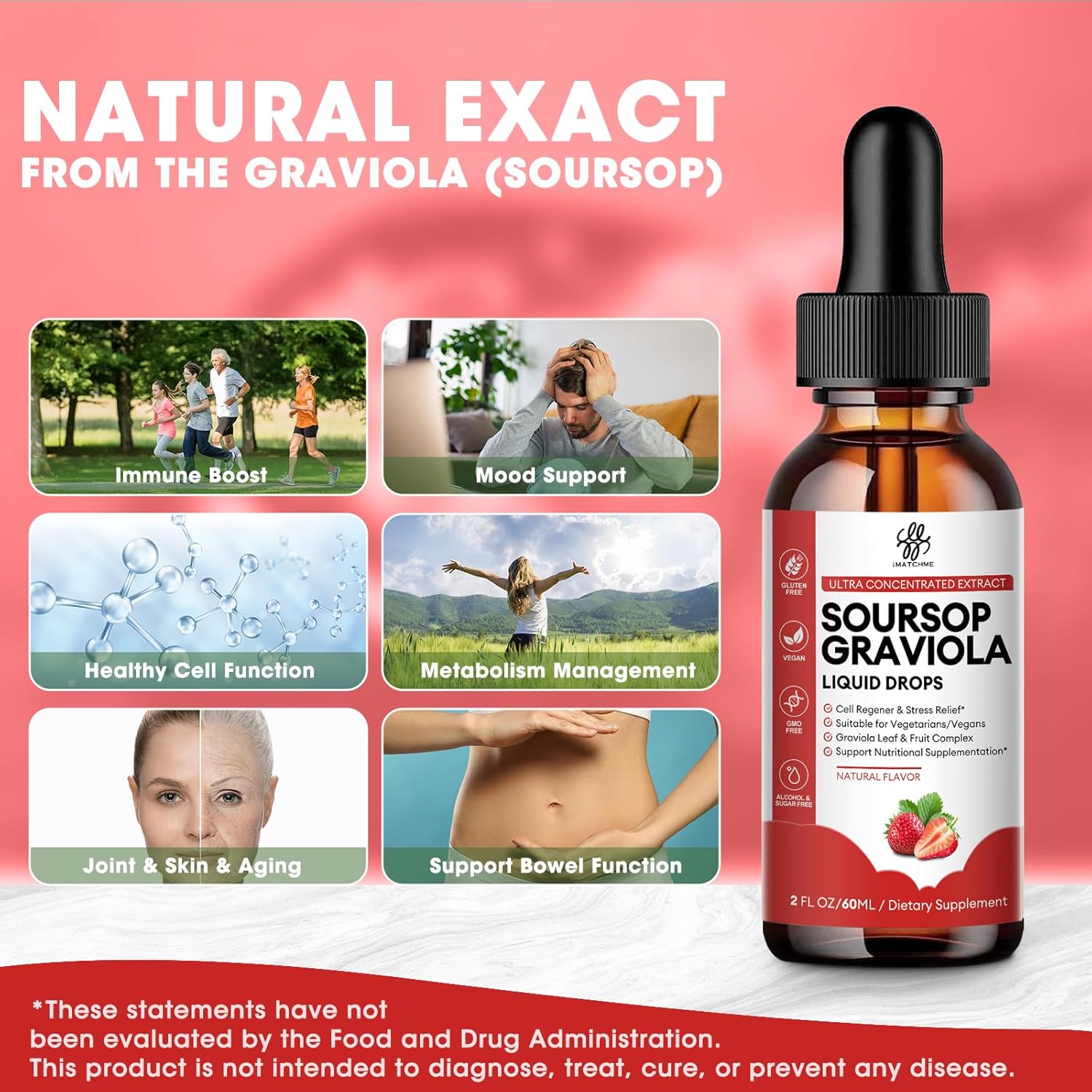 Soursop Graviola Liquid Drops with Natural Leaves & Fruit Complex - Strawberry Flavor, 2 Fl Oz - Sugar/Caffeine/Gluten Free