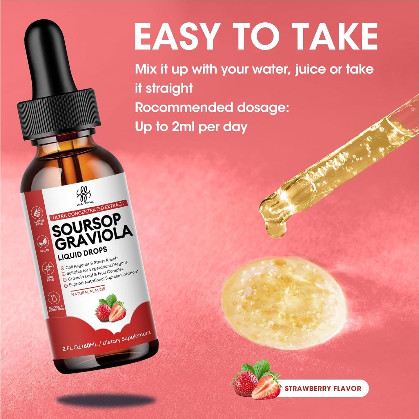 Soursop Graviola Liquid Drops with Natural Leaves & Fruit Complex - Strawberry Flavor, 2 Fl Oz - Sugar/Caffeine/Gluten Free