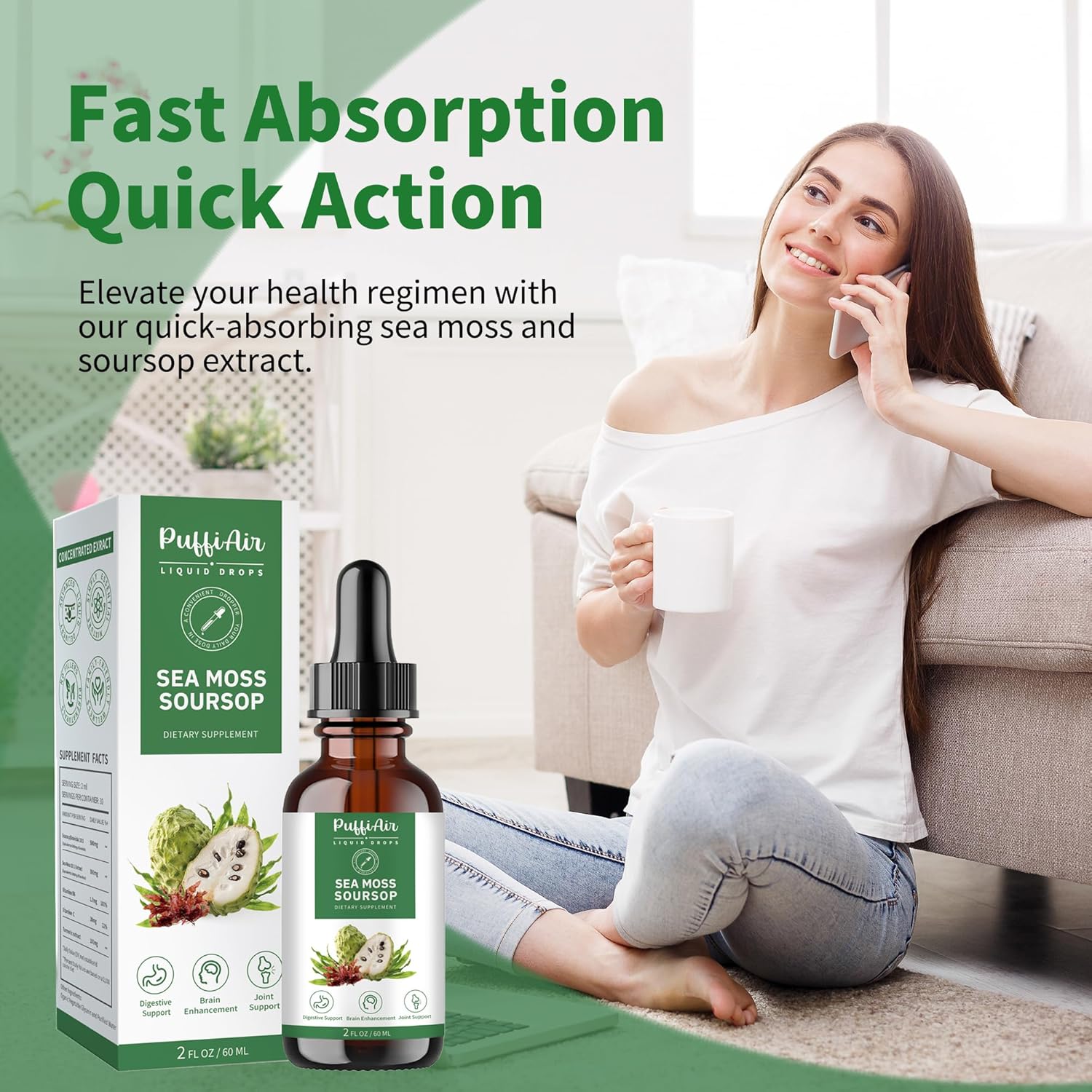 Soursop & Sea Moss Liquid Drops for Cell Support, Immune Boost, and Relaxation - Herbal Extract with Natural Flavor - 2 Fl Oz