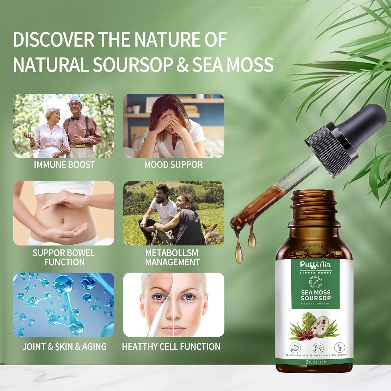 Soursop & Sea Moss Liquid Drops for Cell Support, Immune Boost, and Relaxation - Herbal Extract with Natural Flavor - 2 Fl Oz